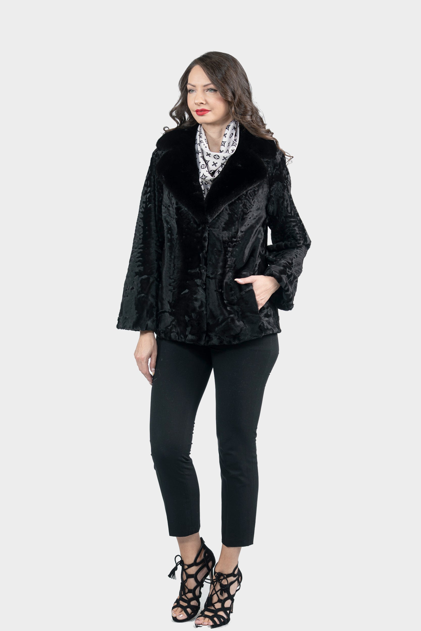 Black Swakara Jacket with Mink Notch Collar