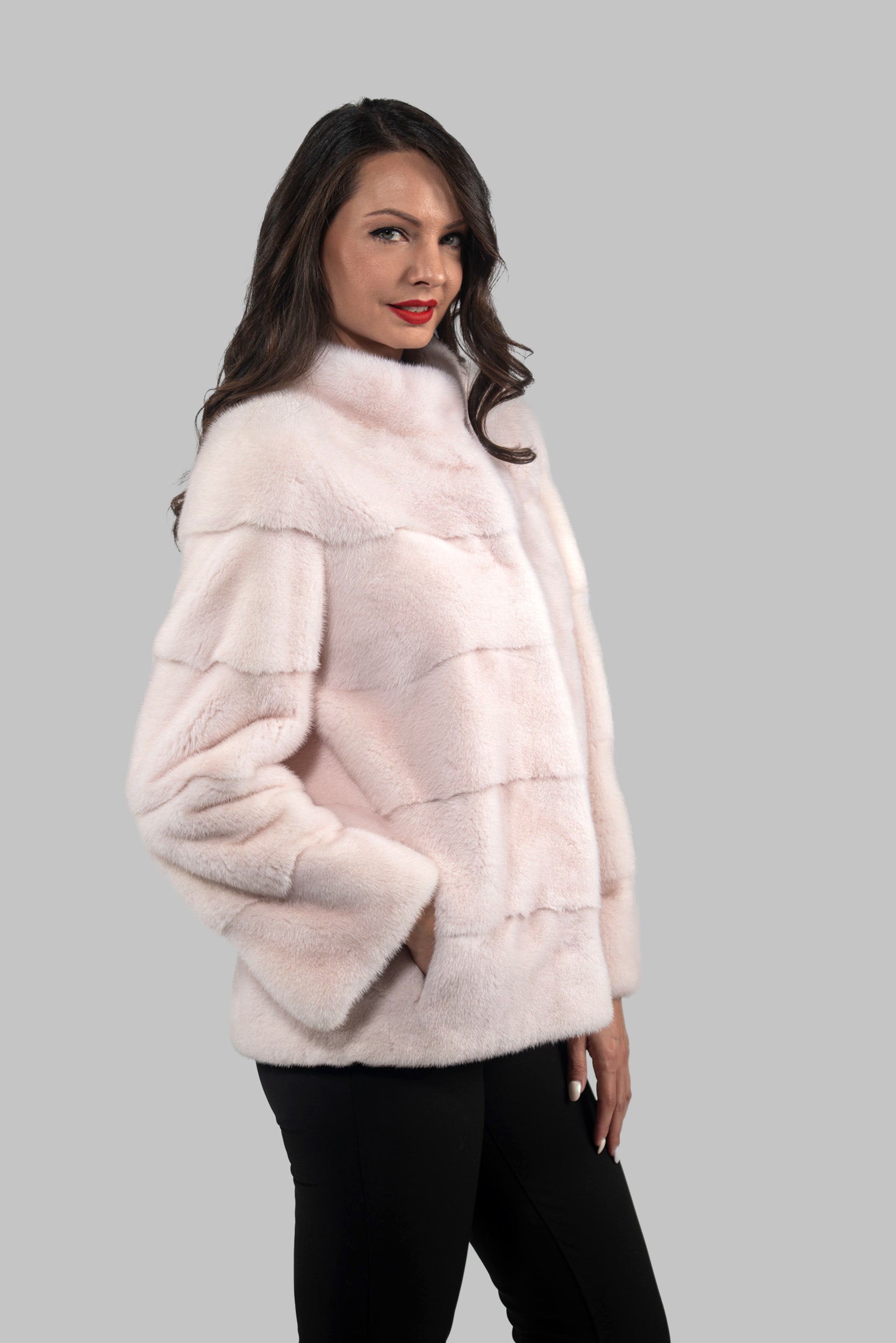 Powder Pink Mink Jacket with Stand Collar