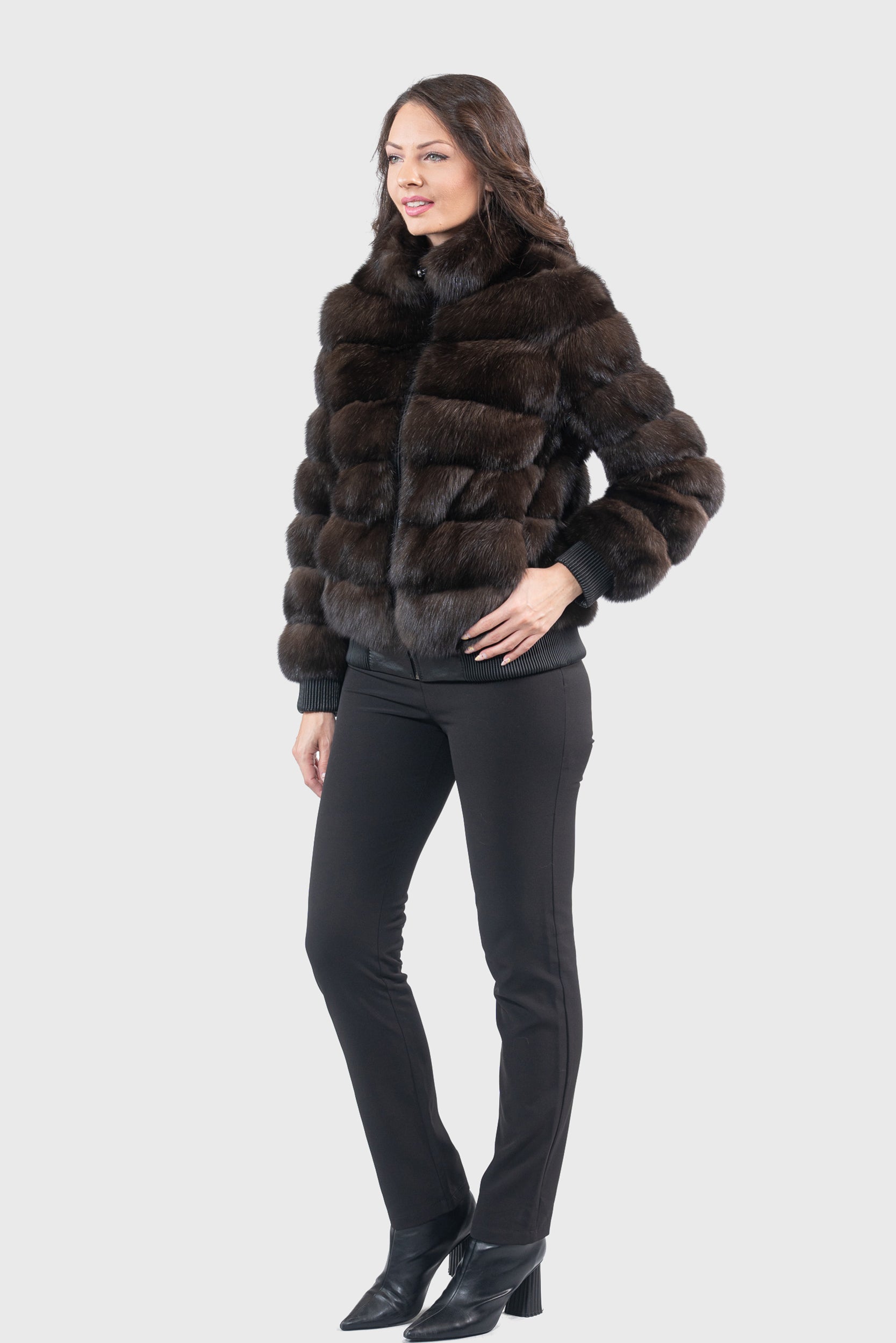 Reversible Dark Russian Sable Bomber Jacket with Stand Collar