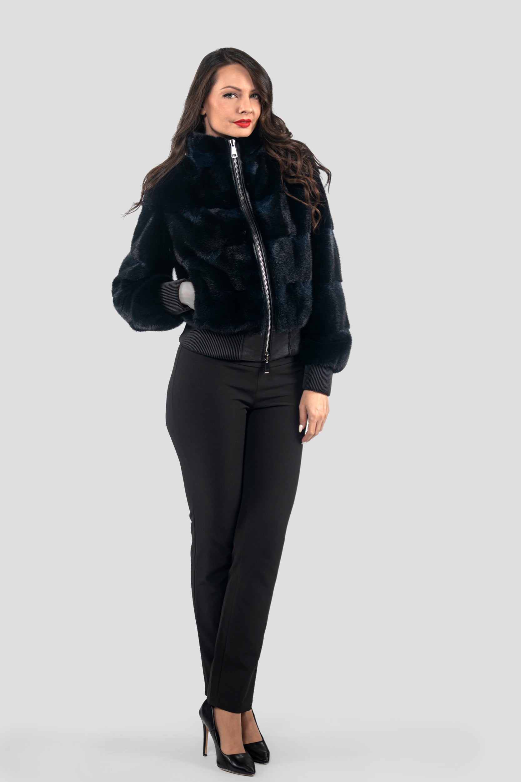 Blue Black Mink Bomber Jacket with Stand Collar