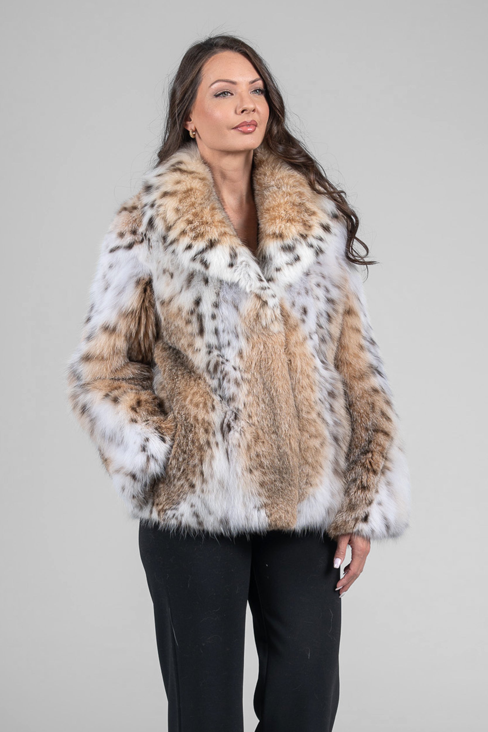 Bobcat Fur Jacket with Notch Collar in Natural Spotted Pattern