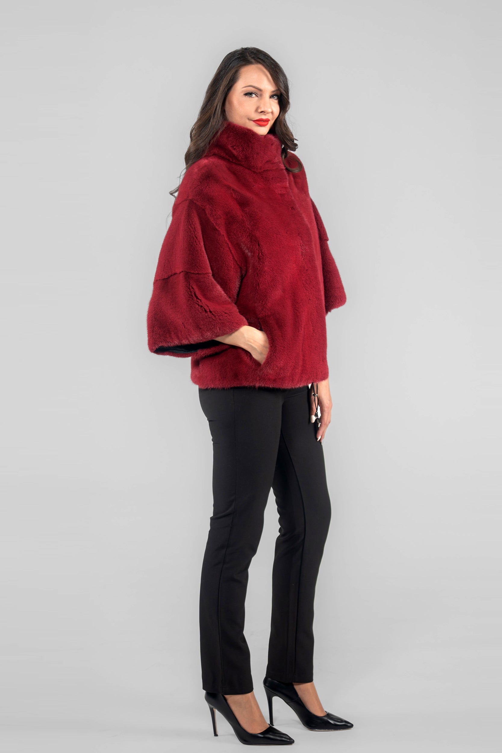 Cerise Mink Jacket with Stand Collar and Short Sleeves