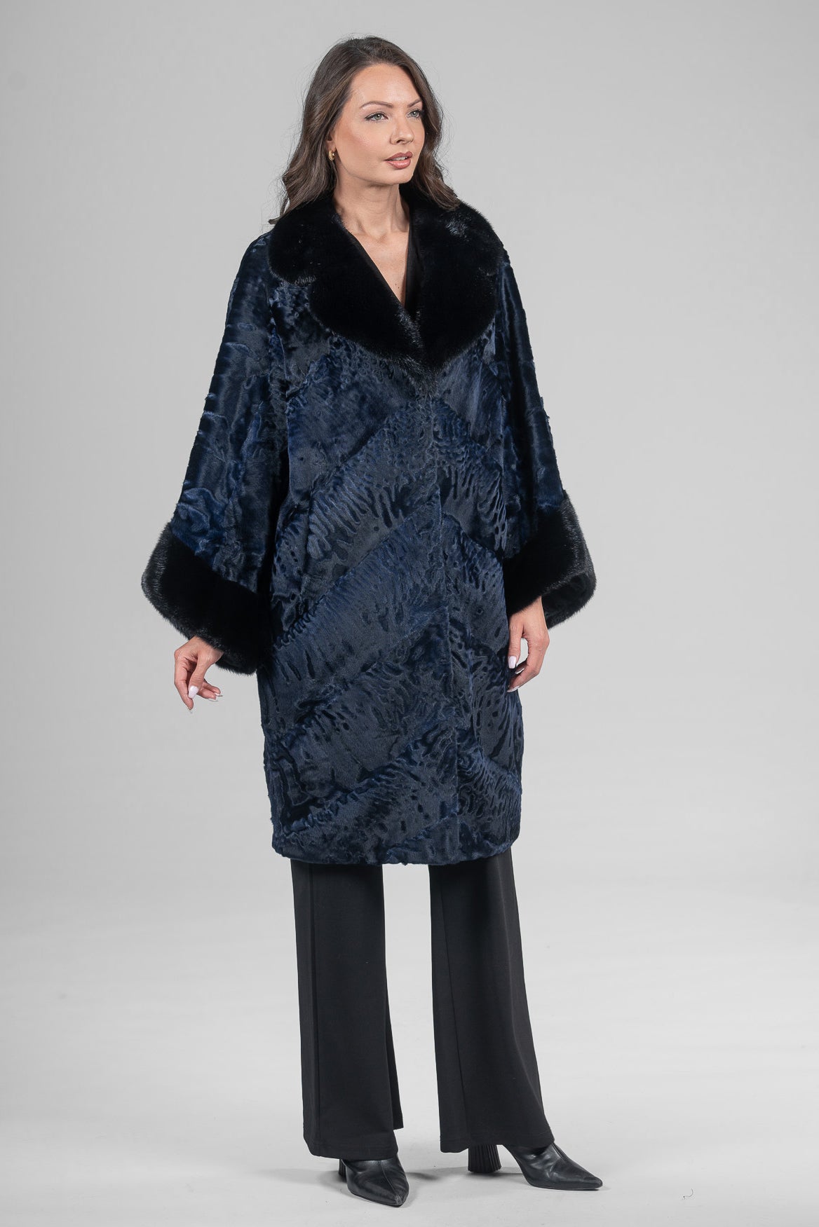 Blue-Black Swakara Half-Coat Mink Trim with Notch Collar