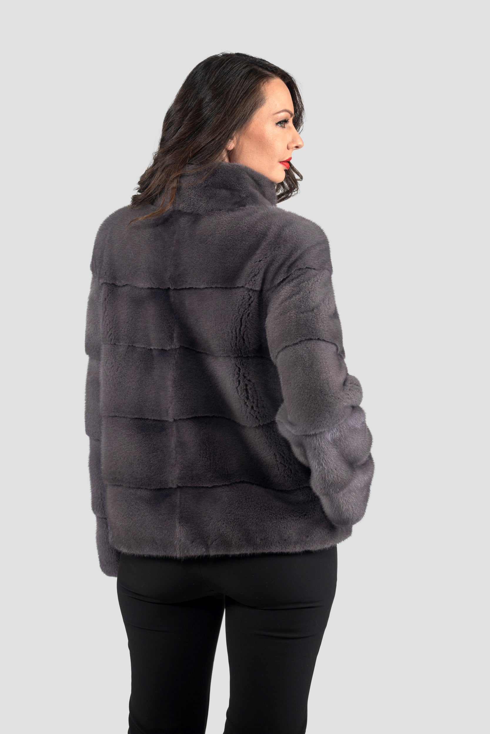 Grey Moon Mink Jacket with Stand Collar and Zipper
