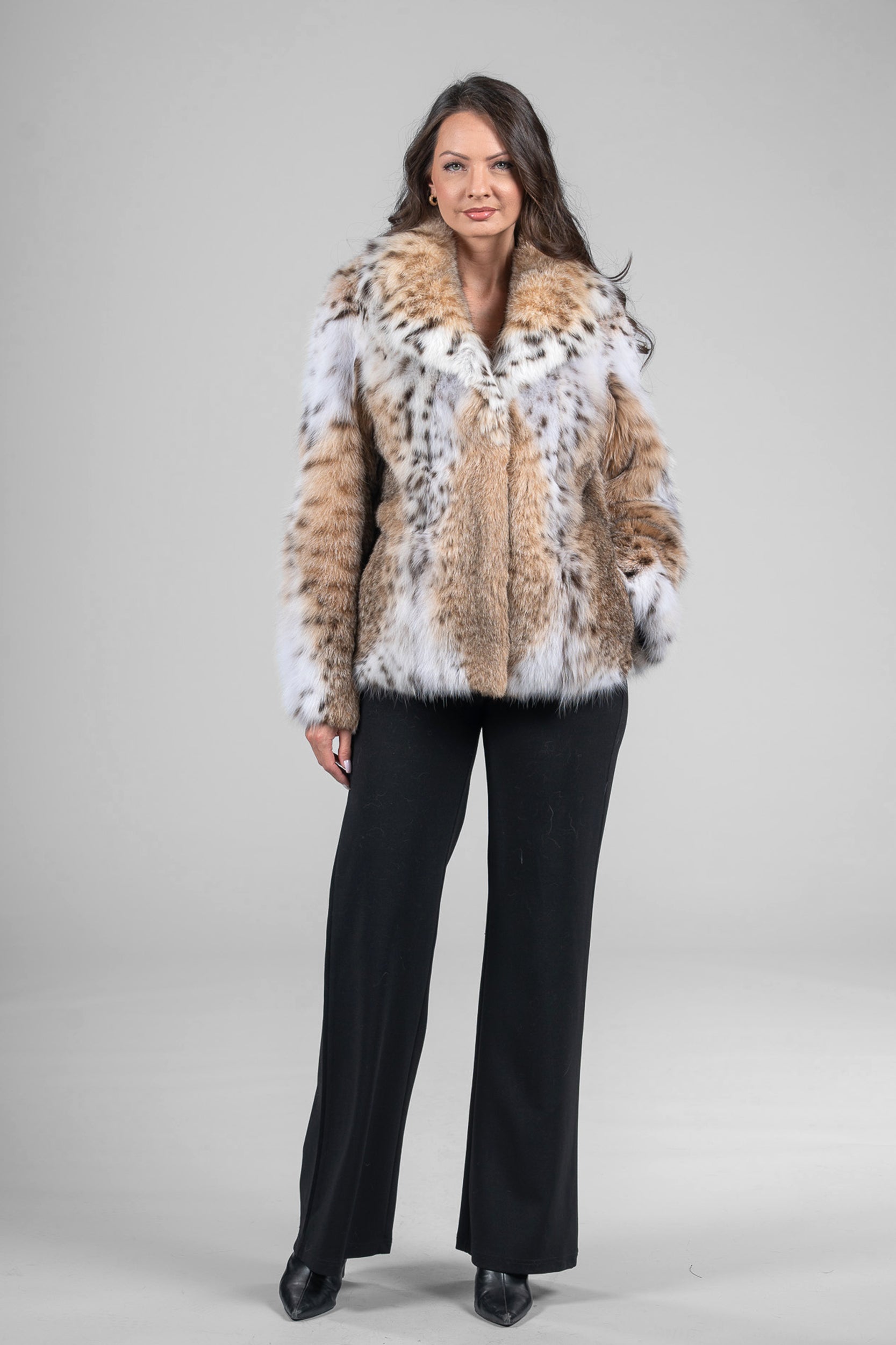 Bobcat Fur Jacket with Notch Collar in Natural Spotted Pattern