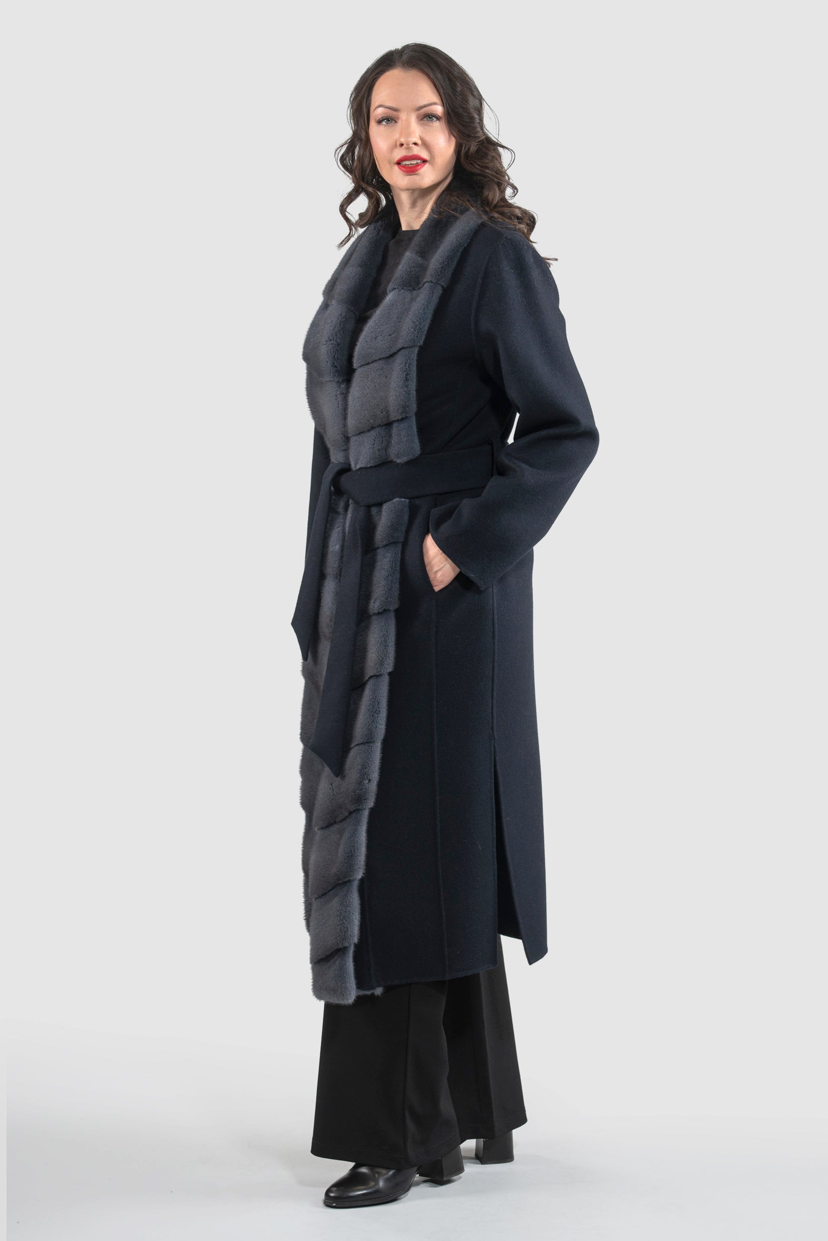 Blue Black Cashmere Coat with Mink Trim