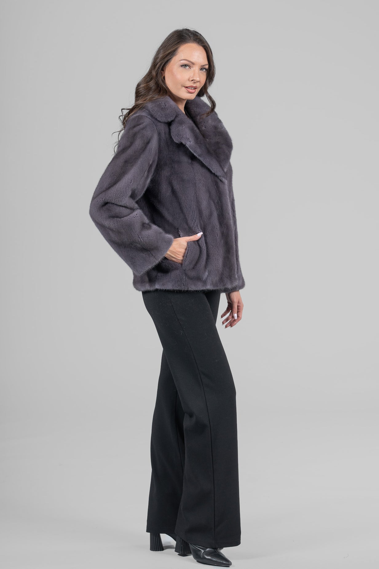 Grey Moon Mink Fur Jacket with Notch Collar