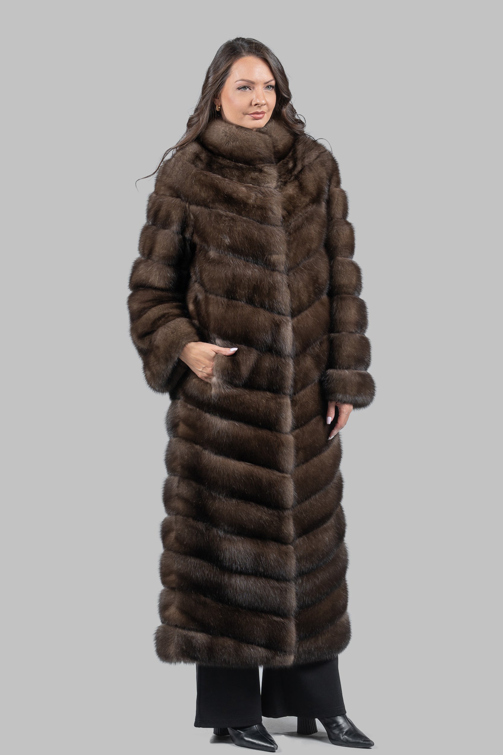 Graphite Sable Long Coat with Stand Collar