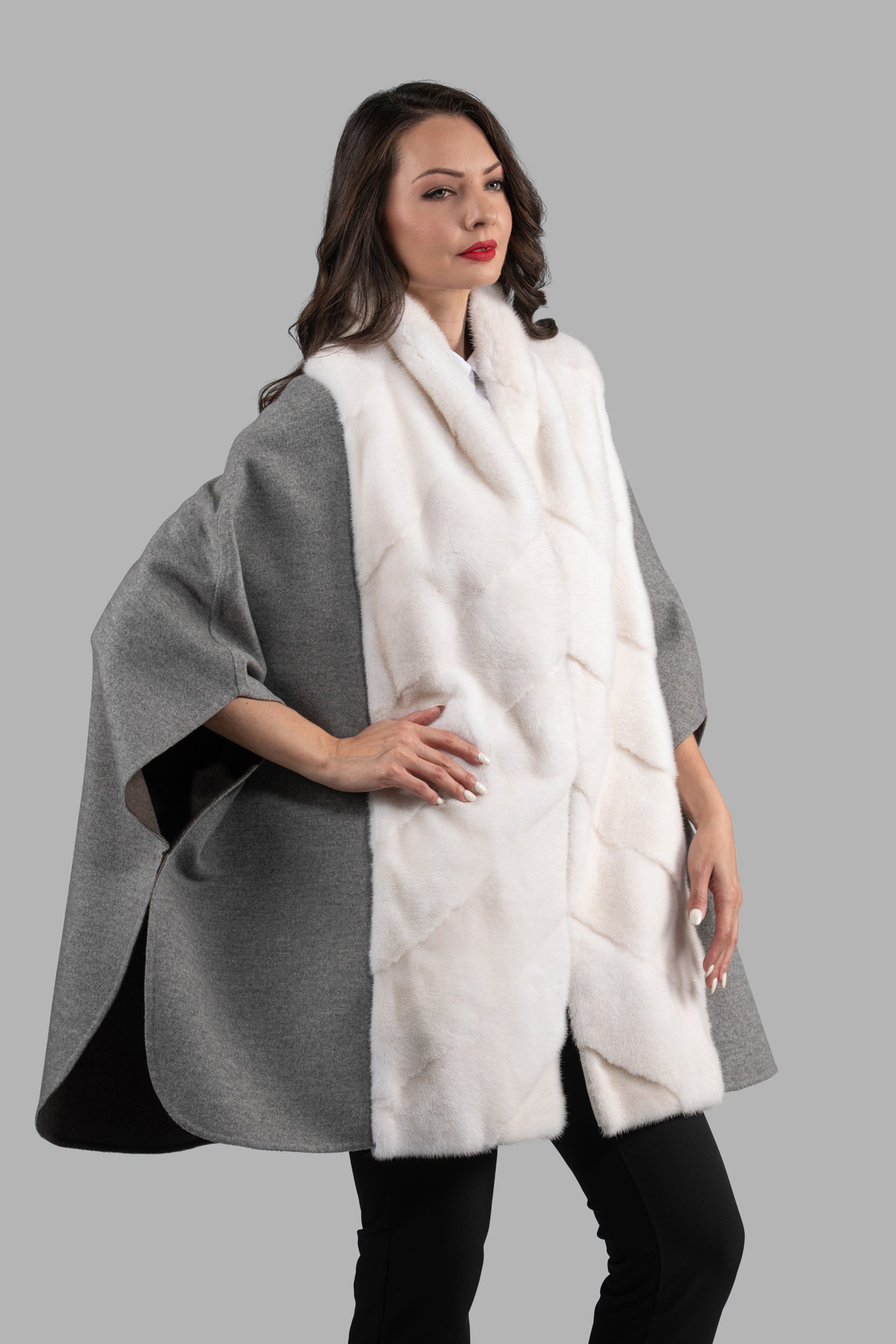 Grey Brown Cashmere Cape with Mink Trim