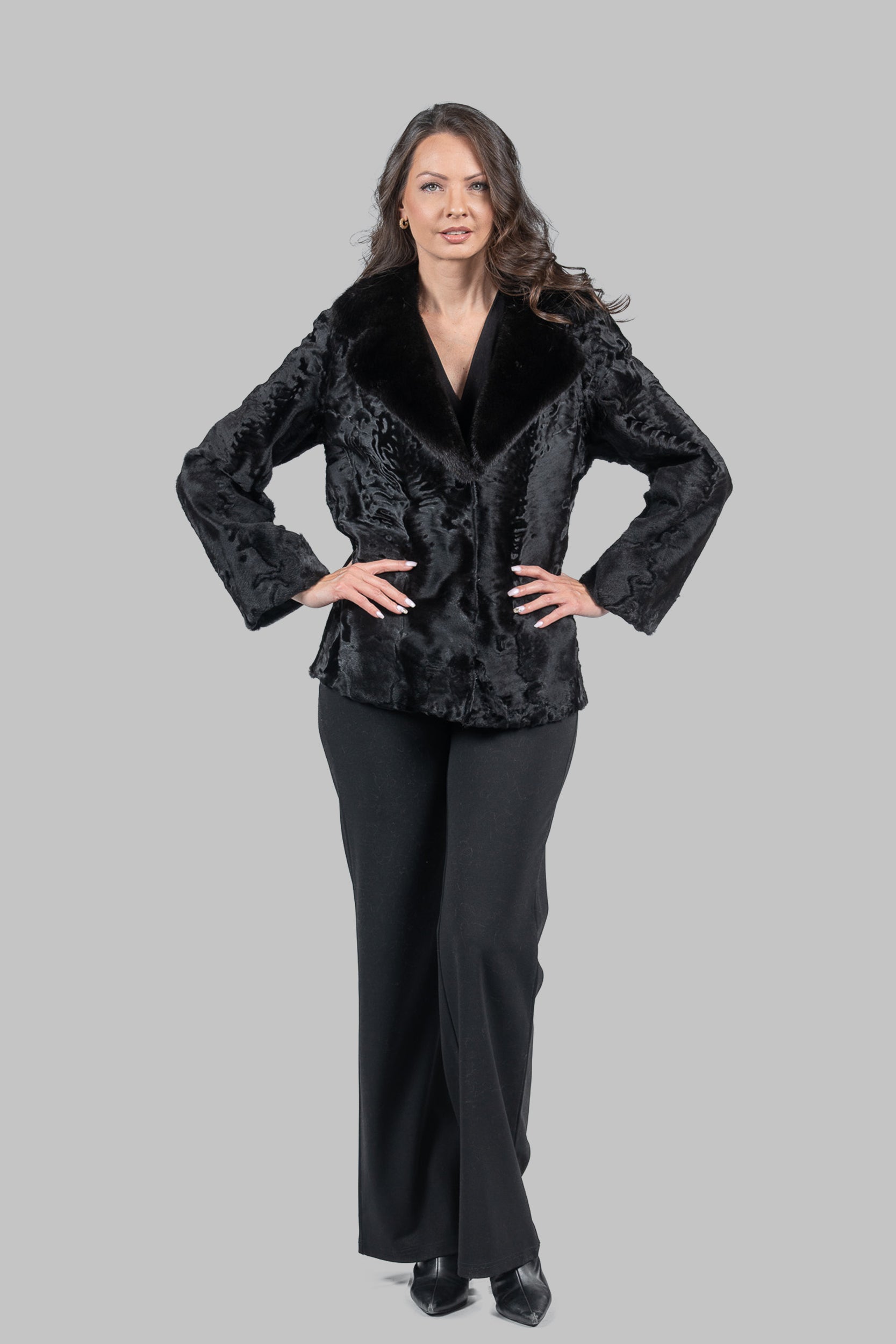 Black Swakara Jacket with Mink-Trimmed Notch Collar