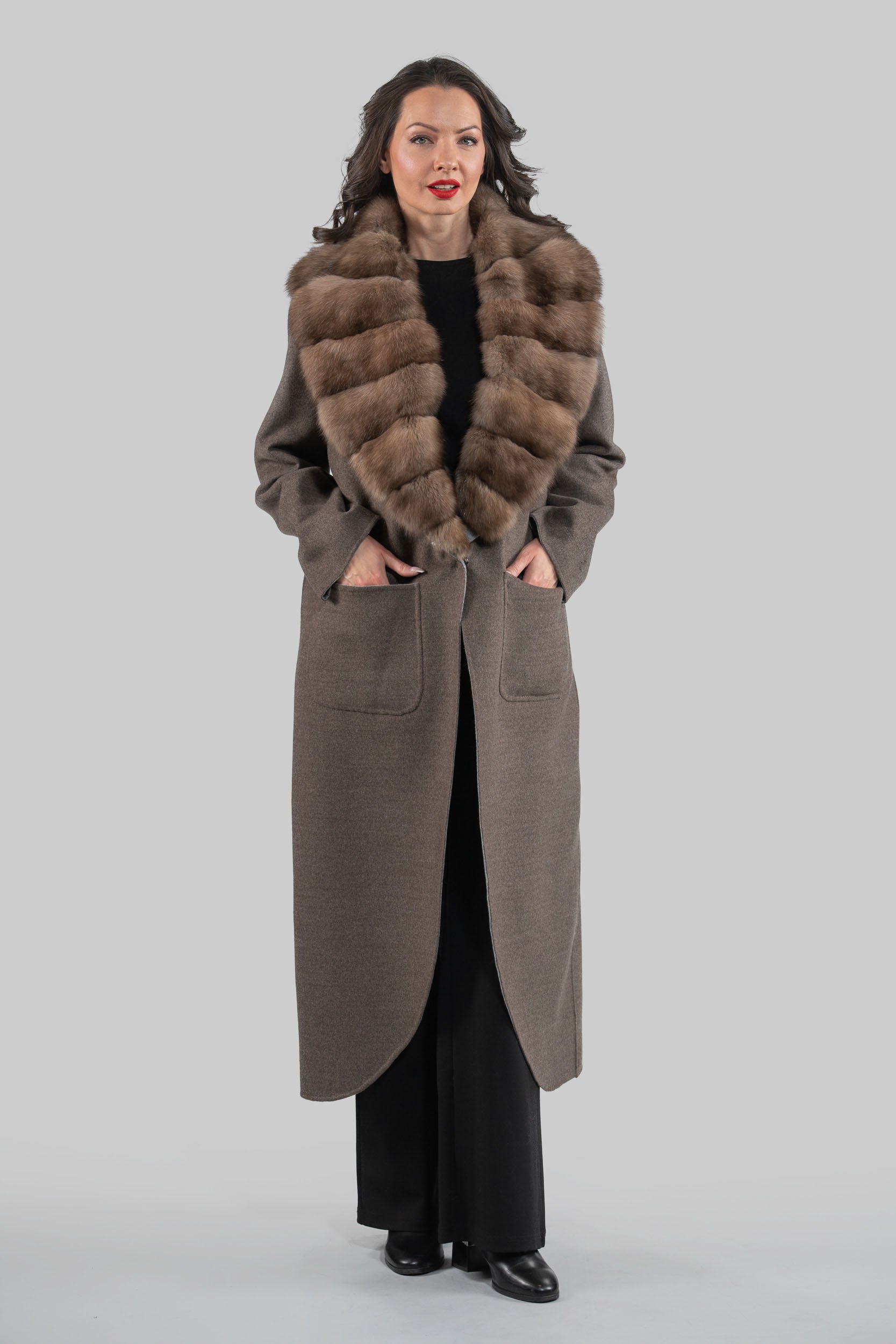 Brown Grey Cashmere Coat with Russian Sable Notch Collar