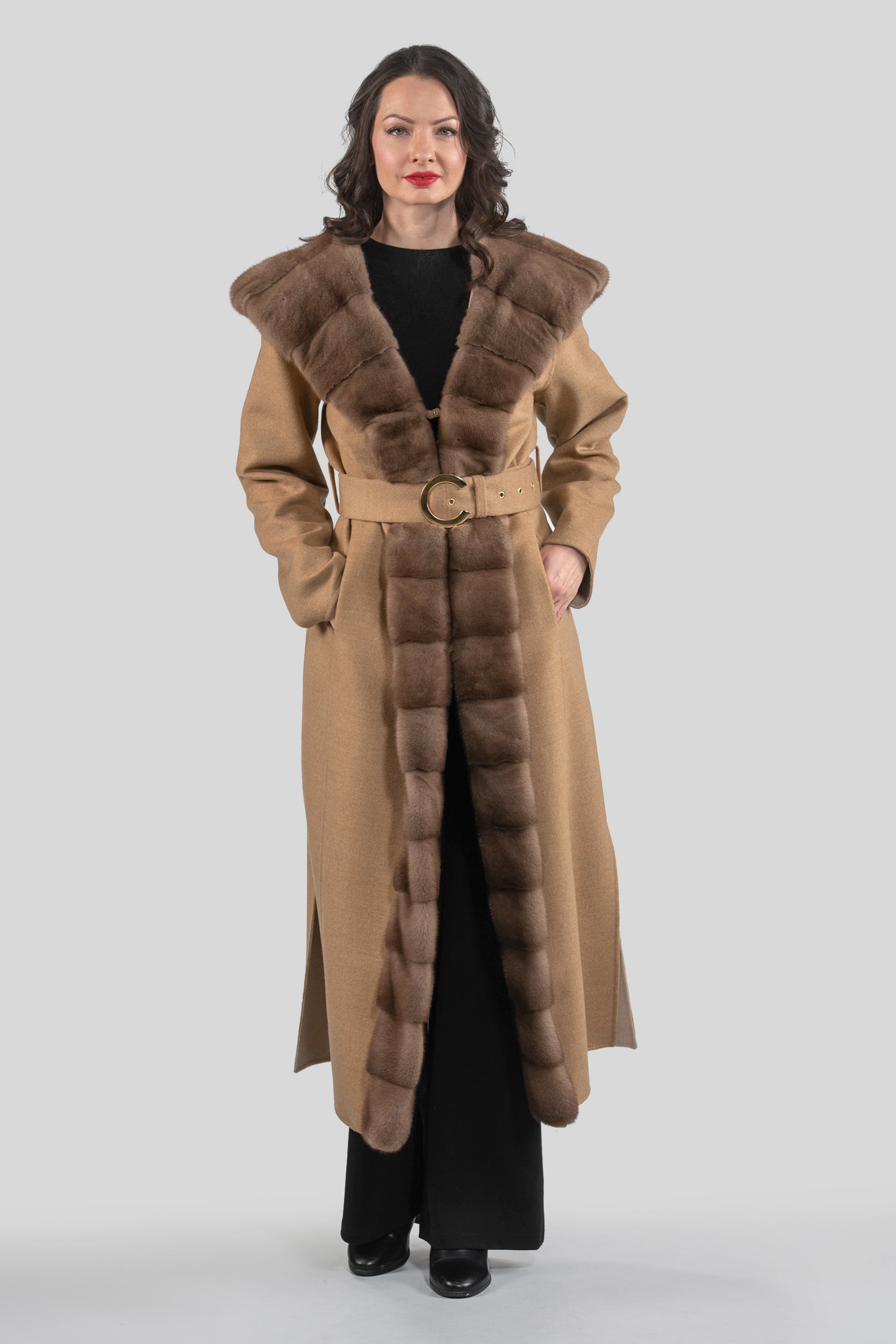 Beige Ecru Cashmere Hooded Coat with Mink Trim
