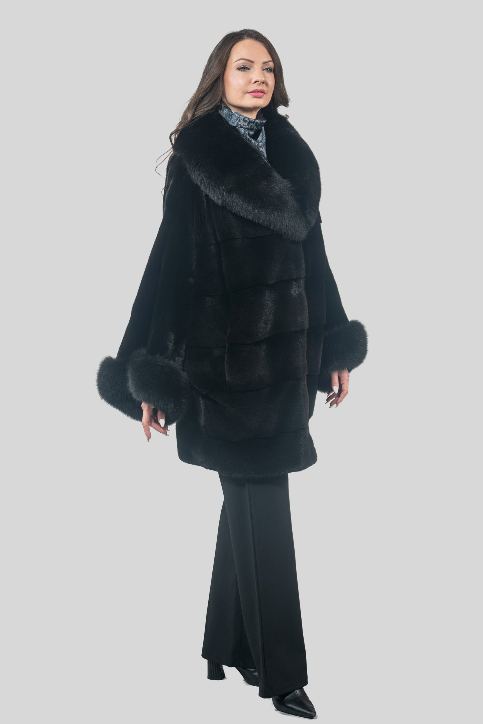 Blackglama Mink Cape with Fox-Trimmed Notch Collar