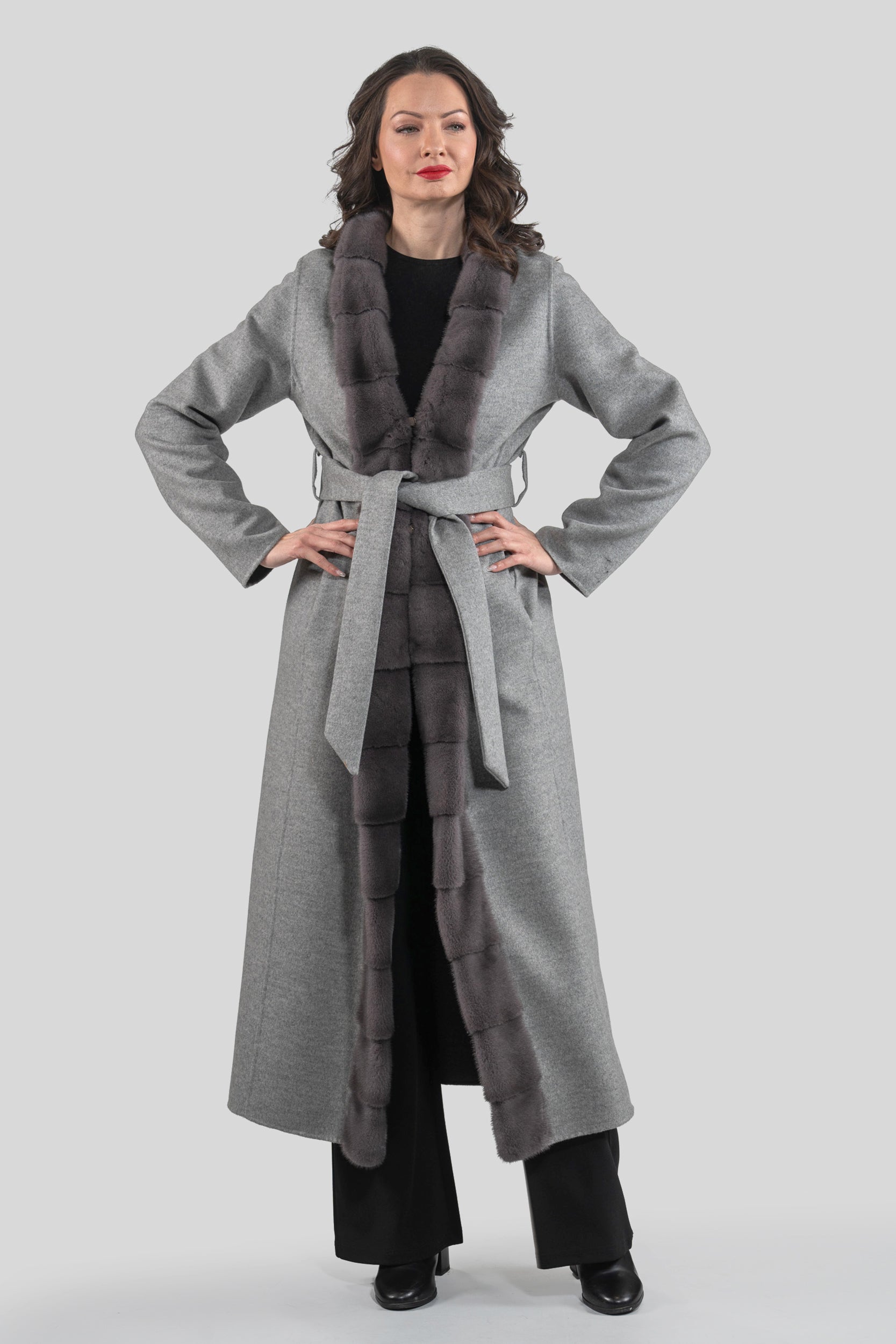 Grey Brown Cashmere Coat with Mink Trim