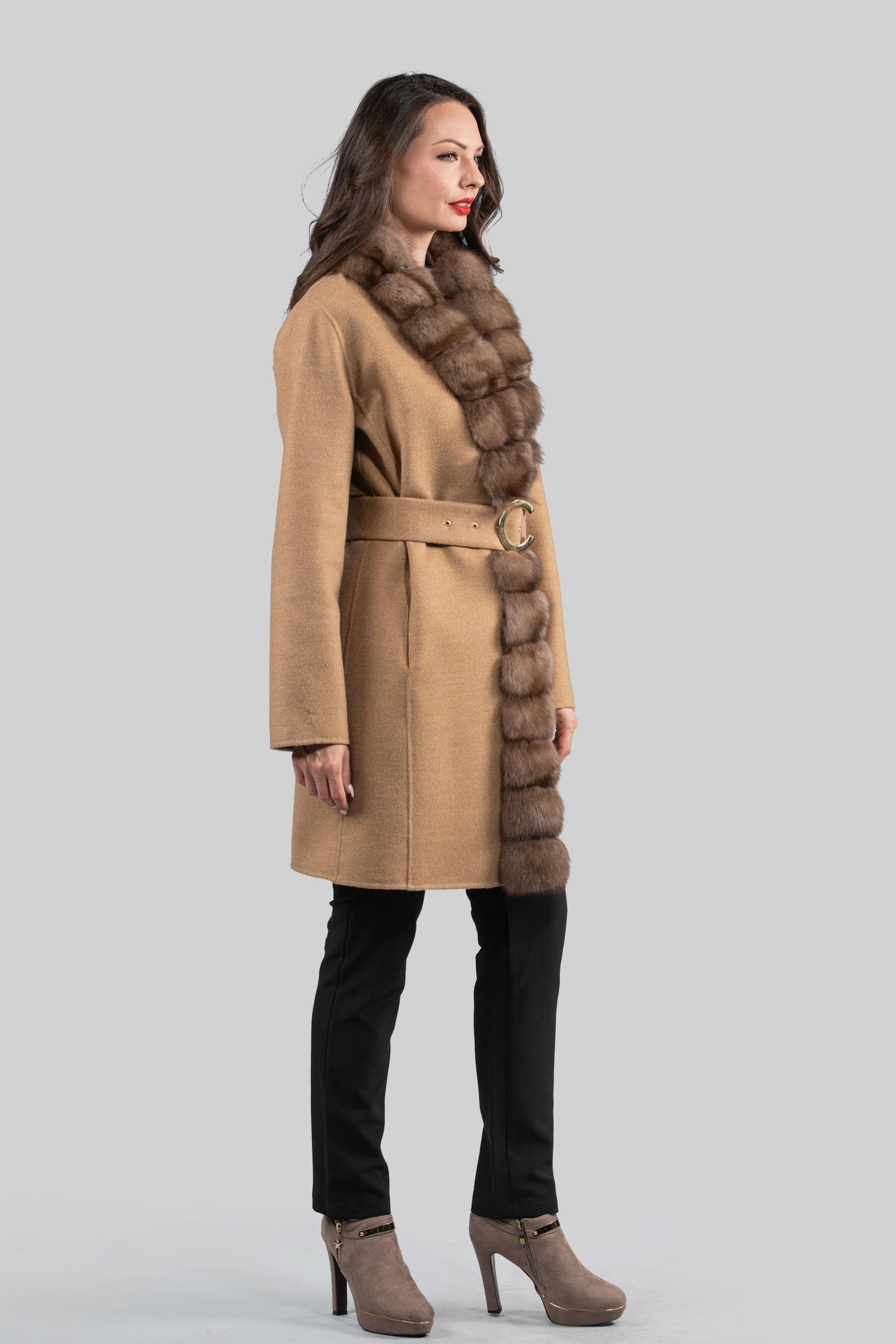 Beige Ecru Cashmere Coat with Russian Sable Trim