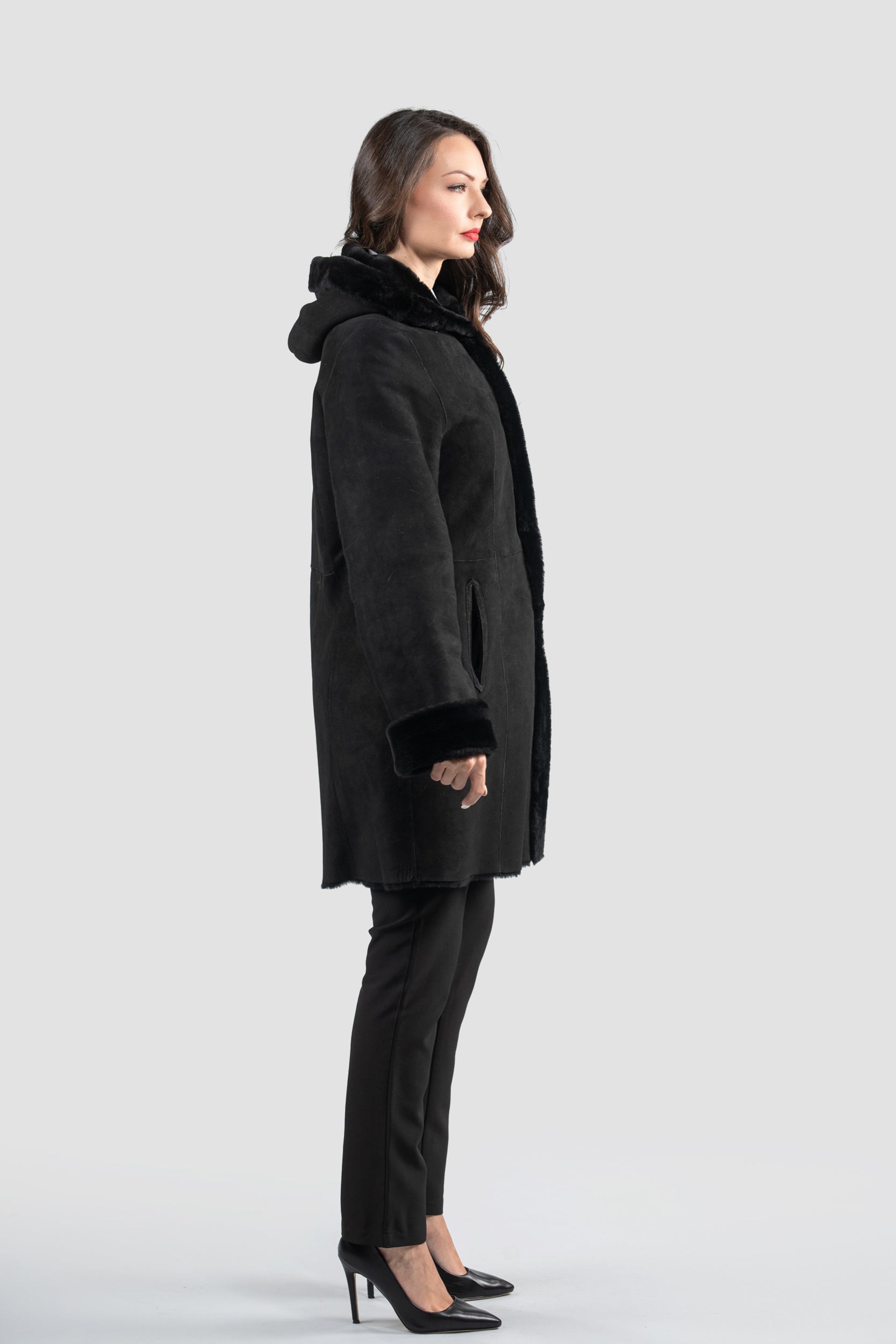 Hooded Black Half Coat In Spanish Merino