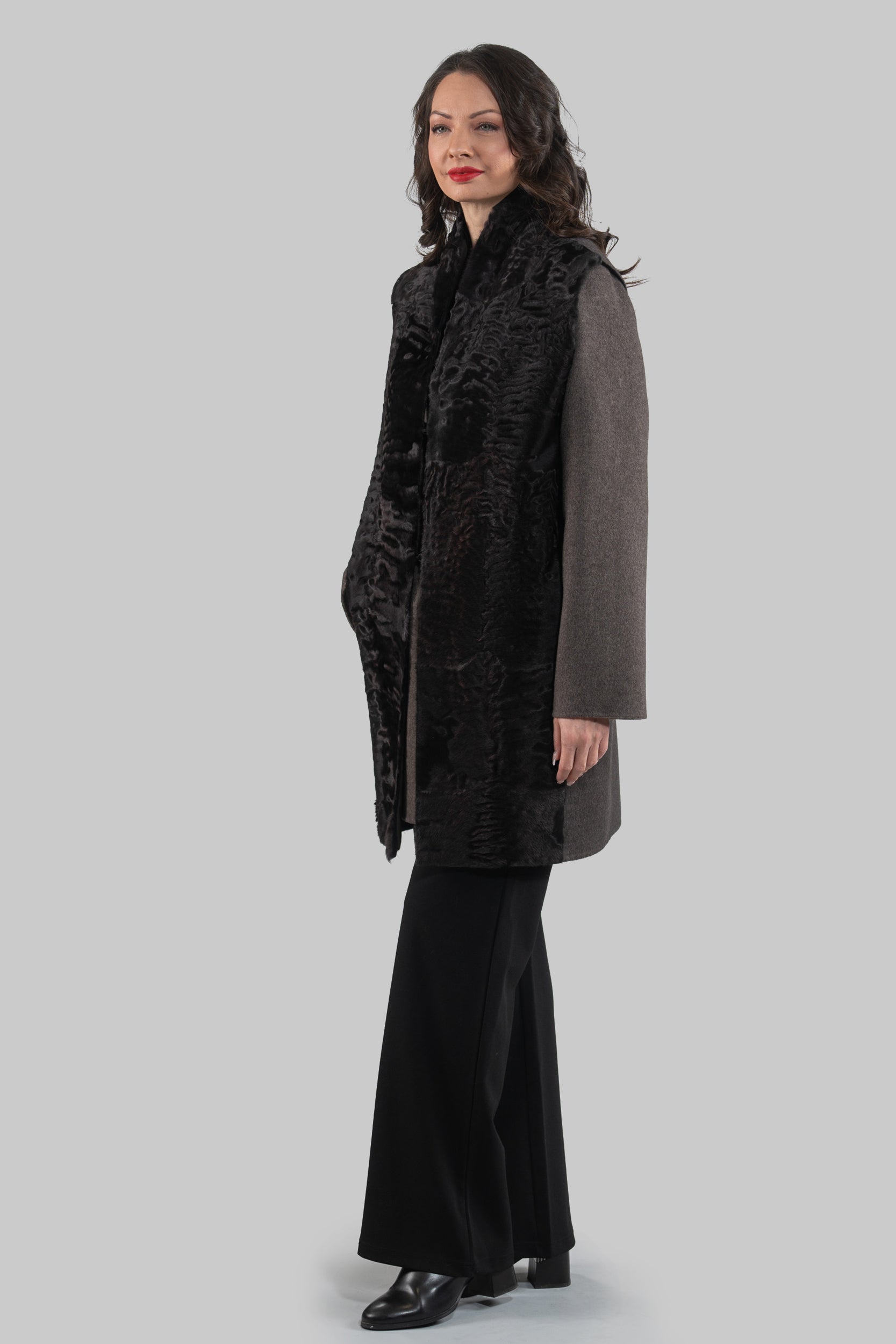 Grey Cashmere Half Coat & Vest with Swakara Fur Trim