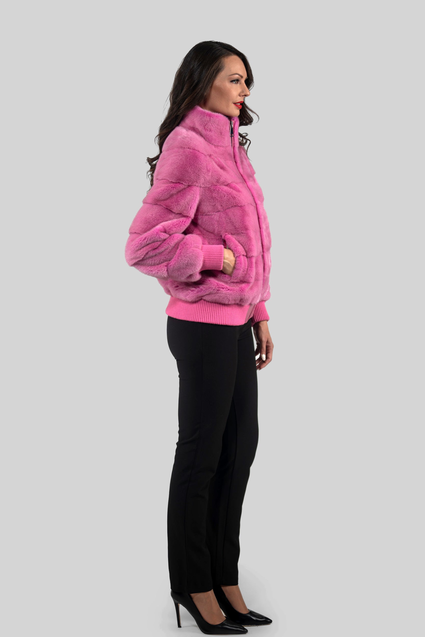 Fuchsia Mink Bomber Jacket with Stand Collar