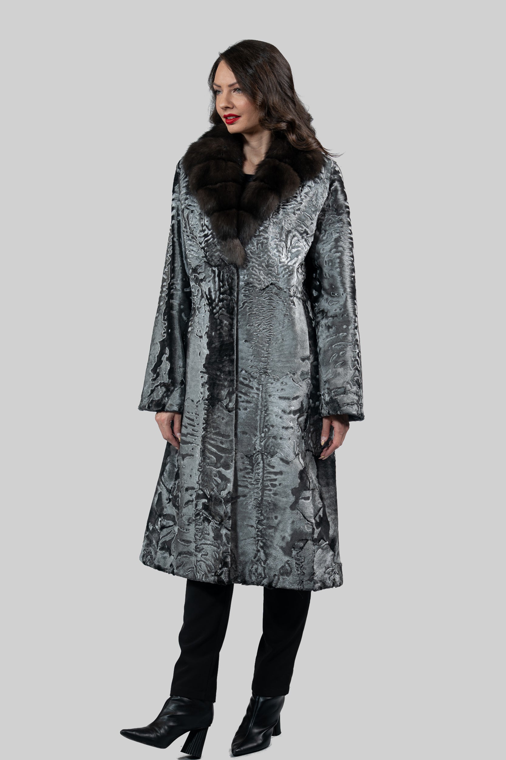 Shadow Grey Swakara Coat with Russian Sable Notch Collar