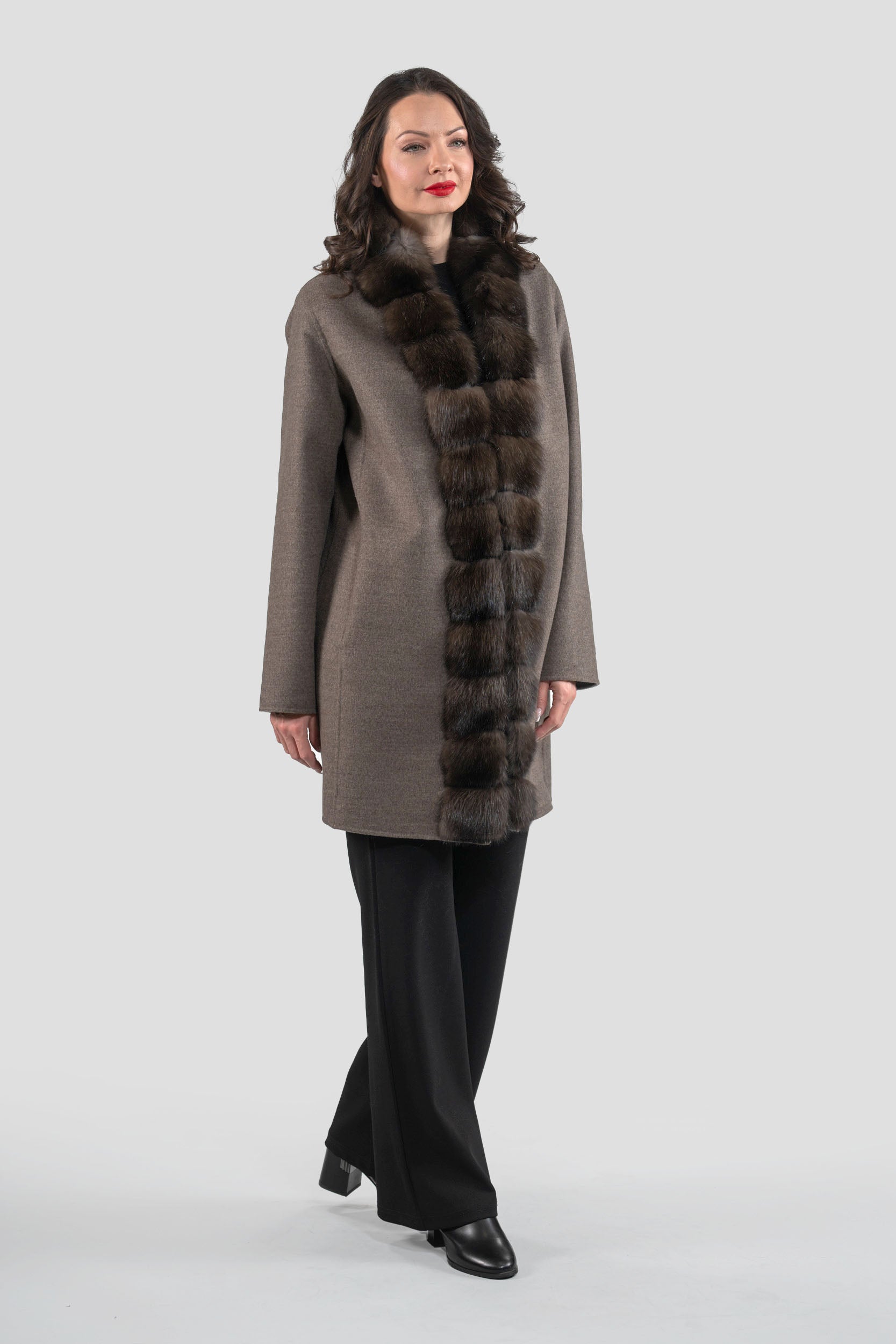 Grey Brown Cashmere Half Coat with Russian Sable Trim