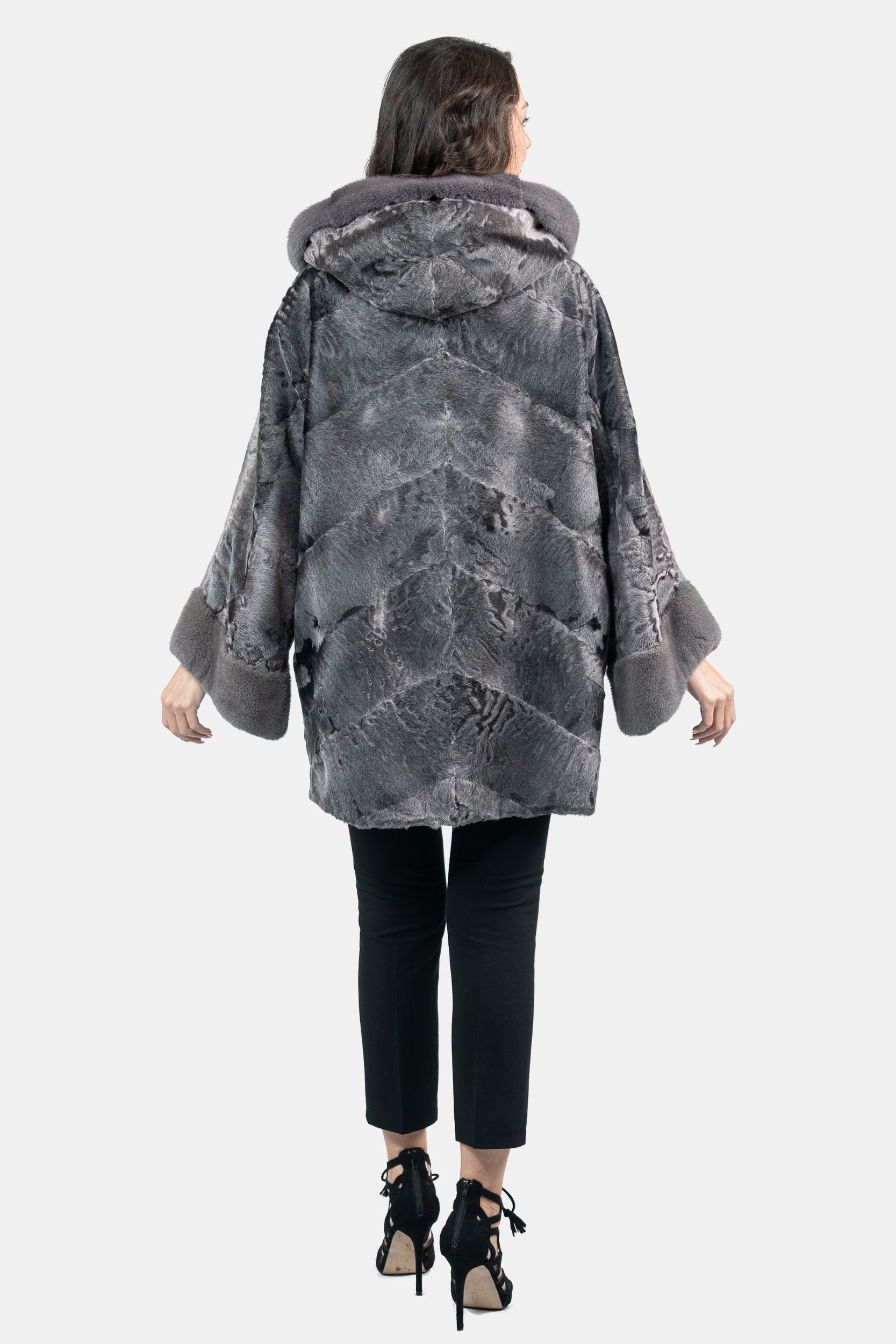 Grey Moon Swakara Half Coat with Mink Trim