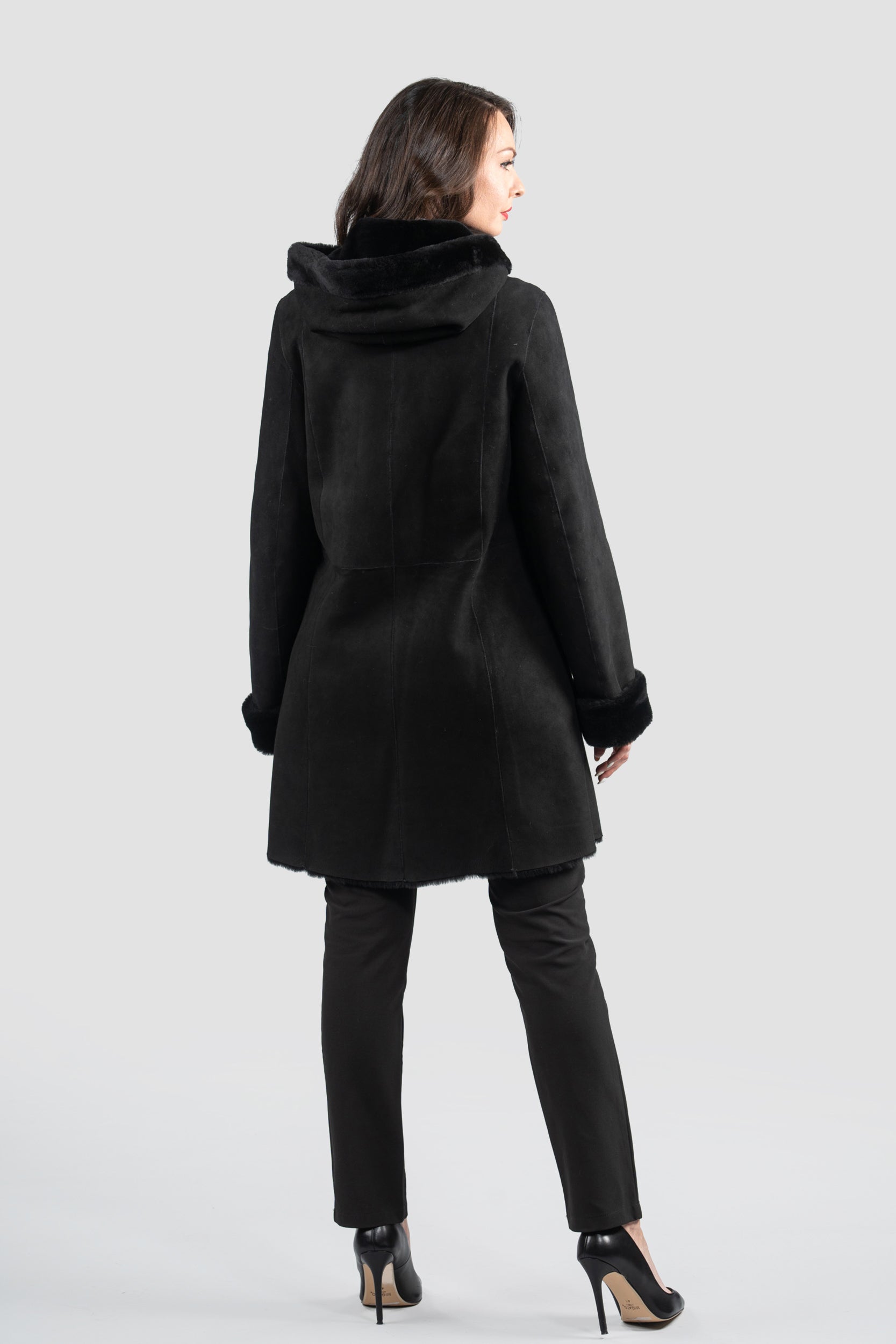 Hooded Black Half Coat In Spanish Merino