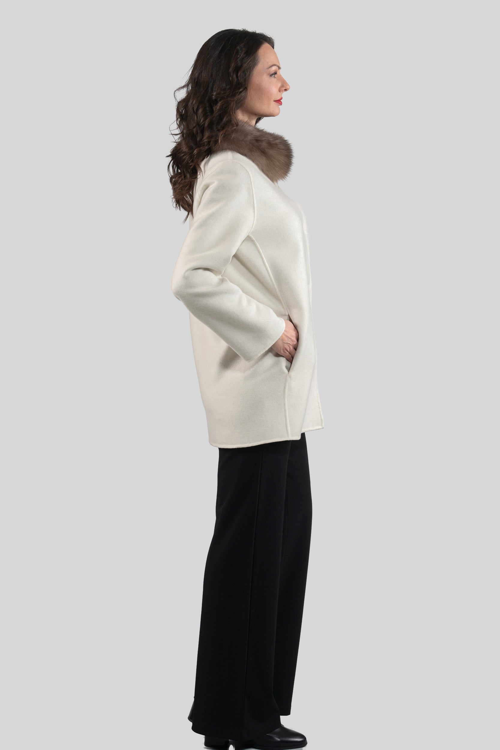 White Cashmere Jacket with Russian Sable Trimmed Stand Collar