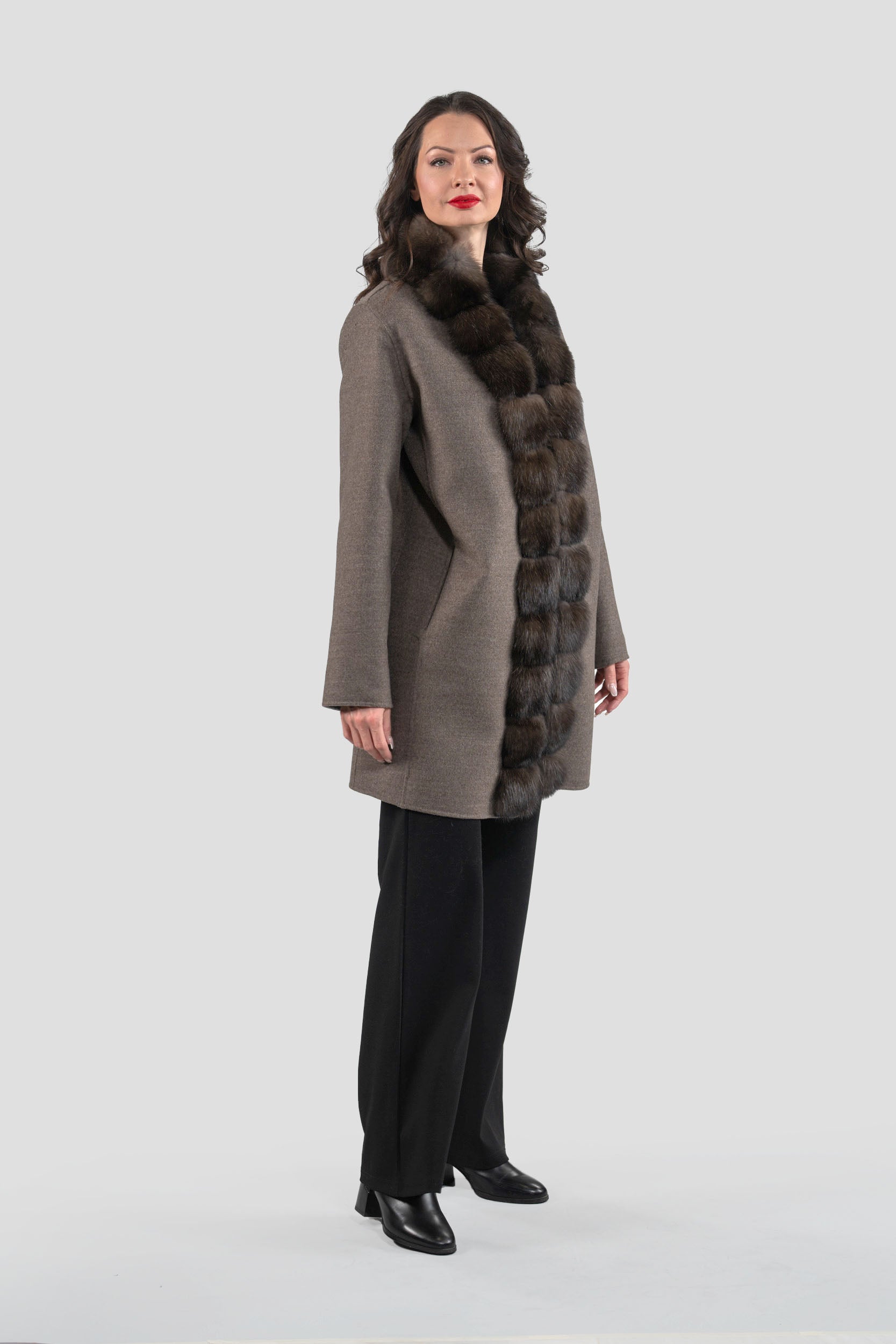 Grey Brown Cashmere Half Coat with Russian Sable Trim