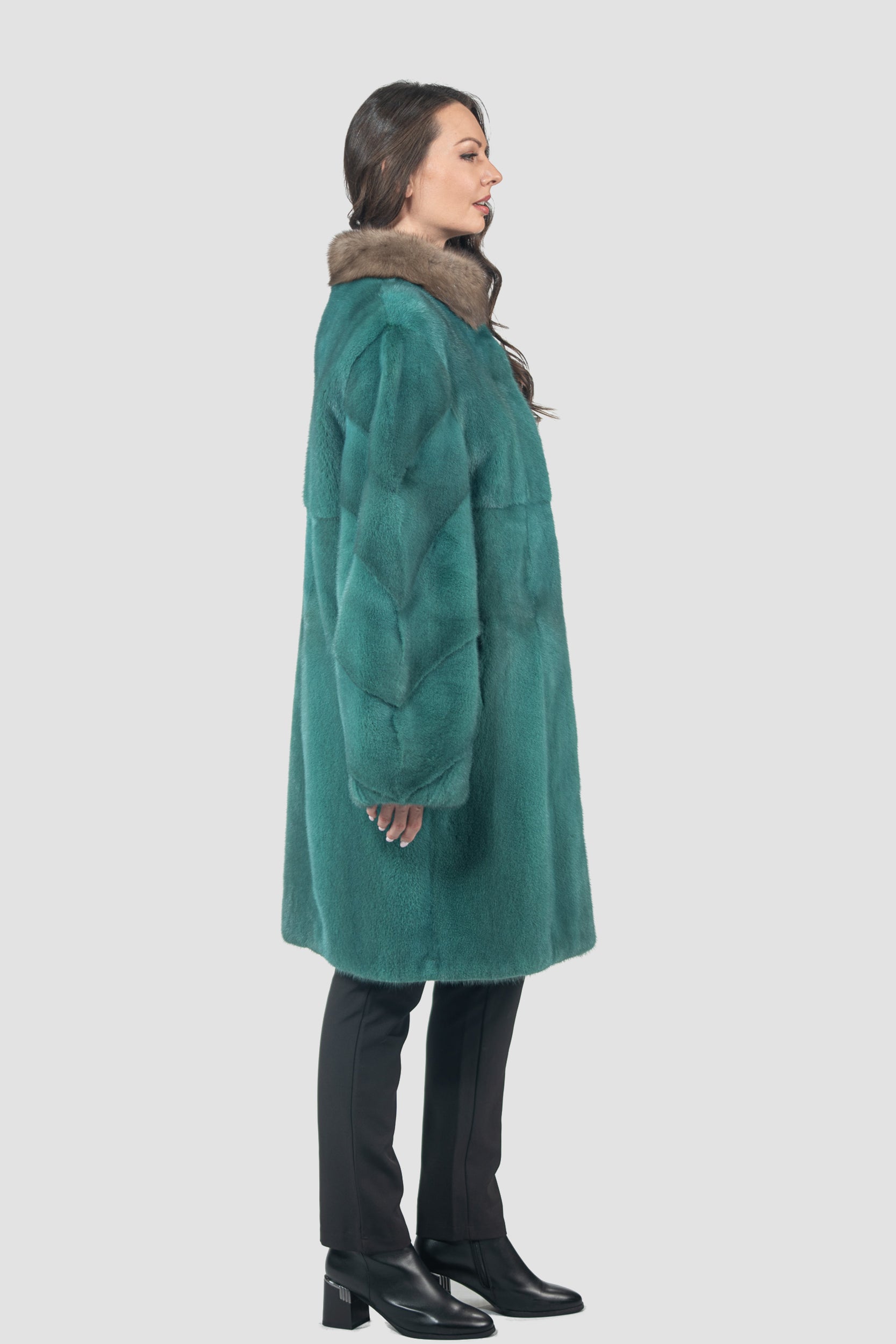 Green Mink Half Coat with Russian Sable-Trimmed Stand Collar