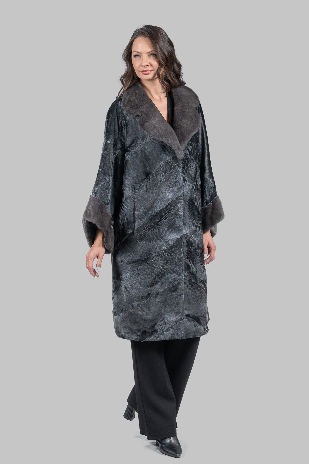 Acciaio Swakara Oversized Half Coat with Titanium Mink Trim