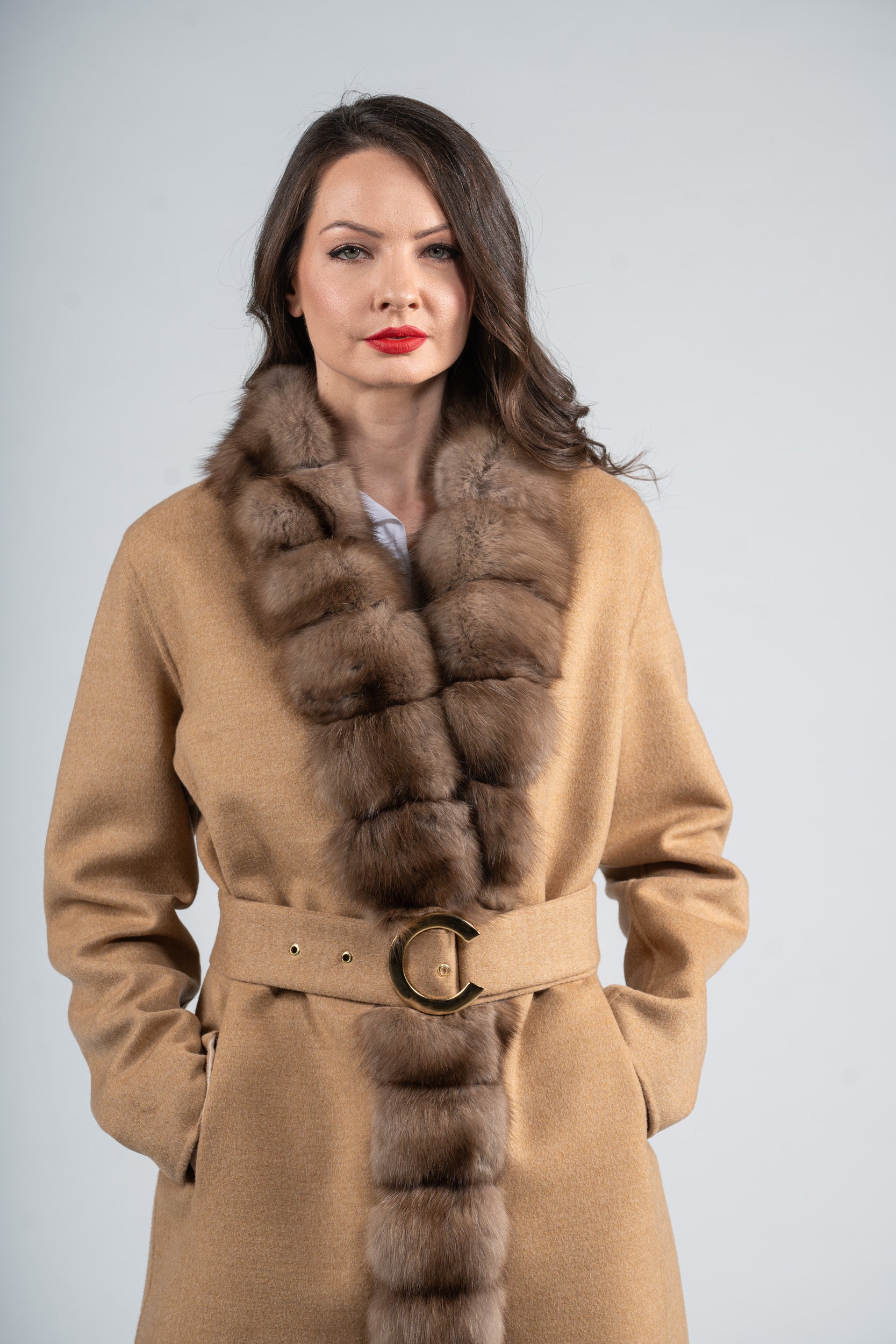 Beige Ecru Cashmere Coat with Russian Sable Trim