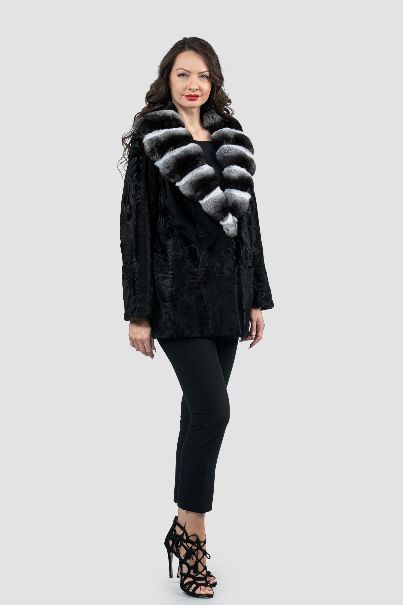 Black Swakara Jacket with Chinchilla Notch Collar