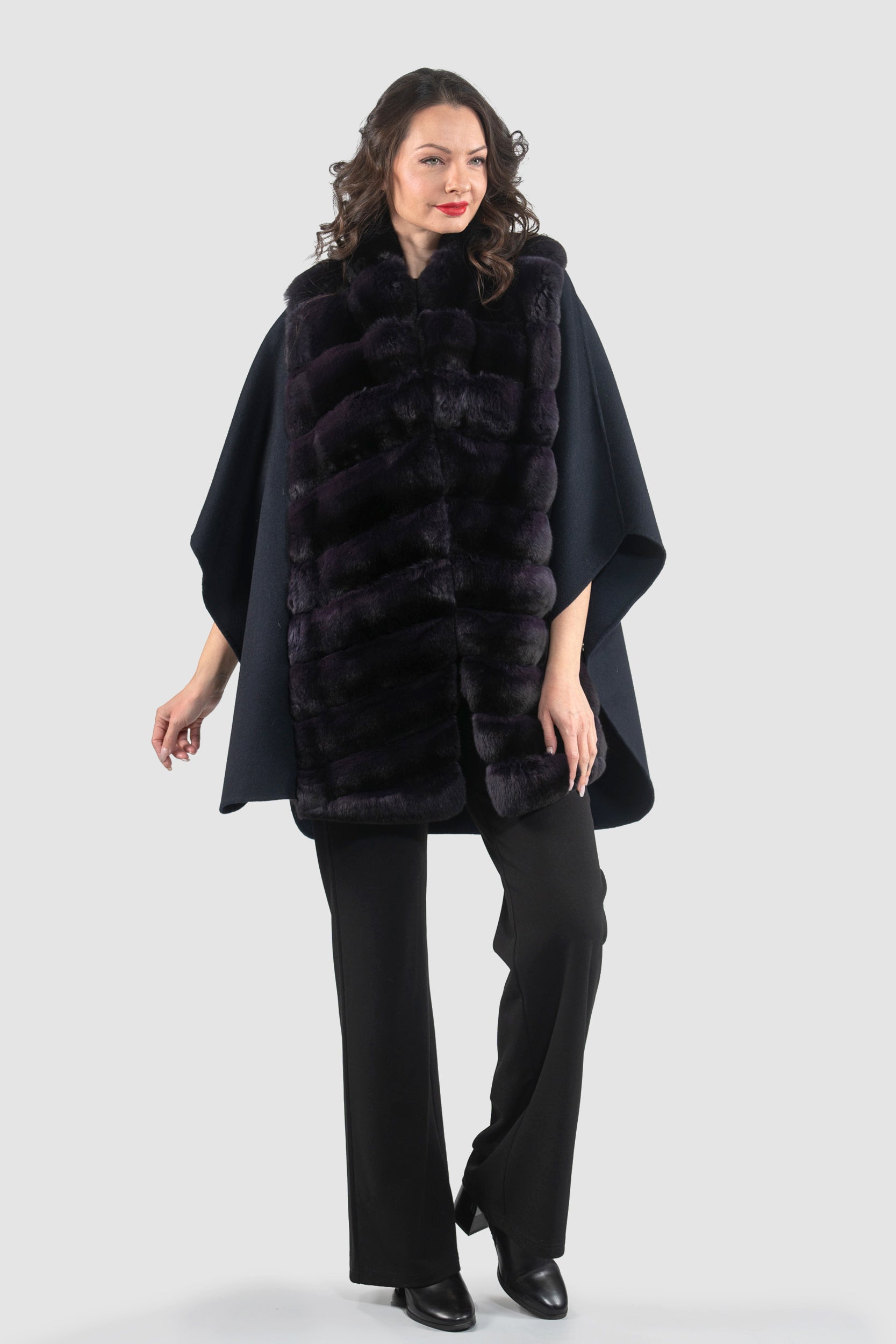Black Cashmere Cape with Aubergine Chinchilla Trim