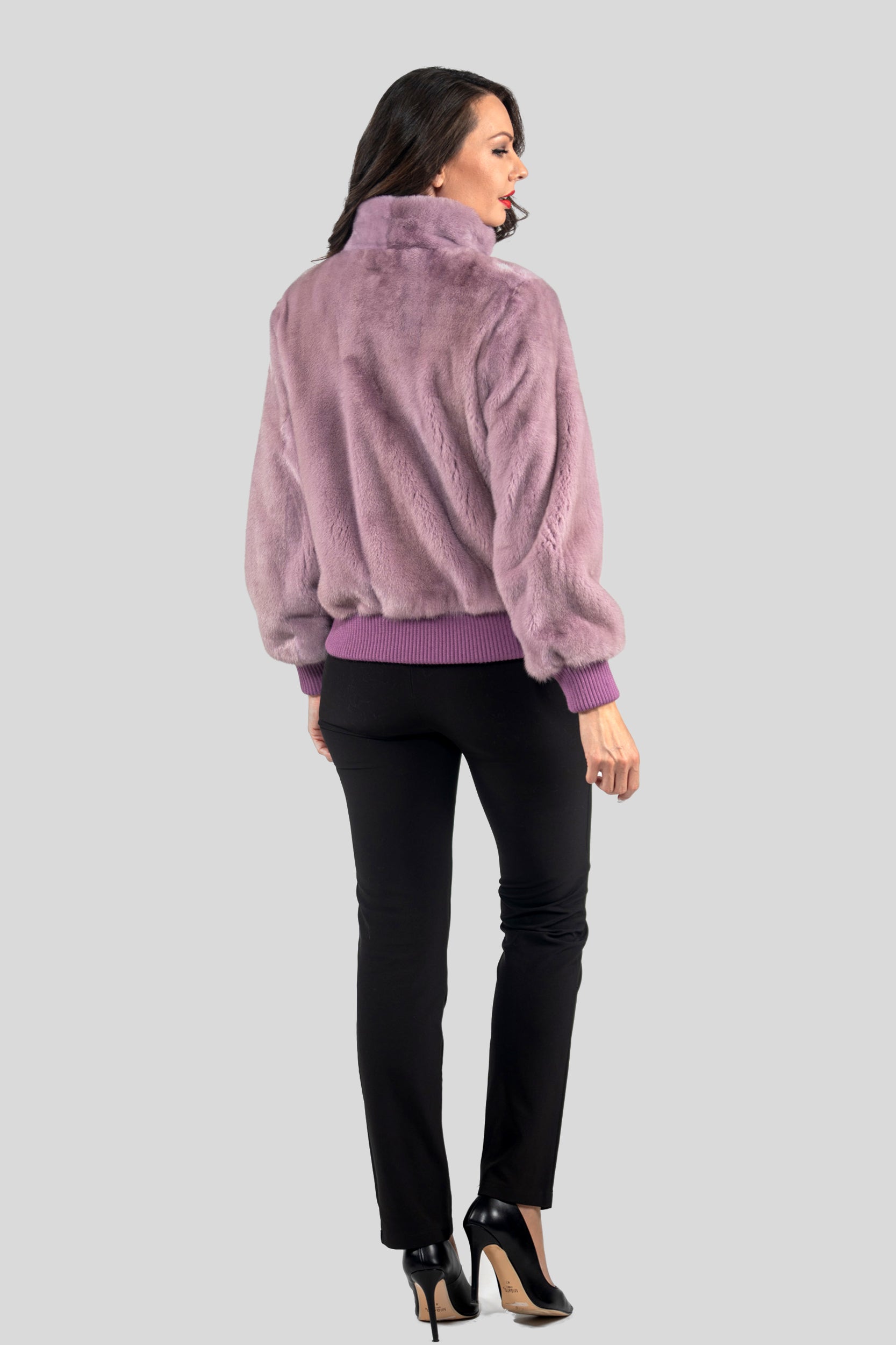 Dark Violet Mink Bomber Jacket with Stand Collar