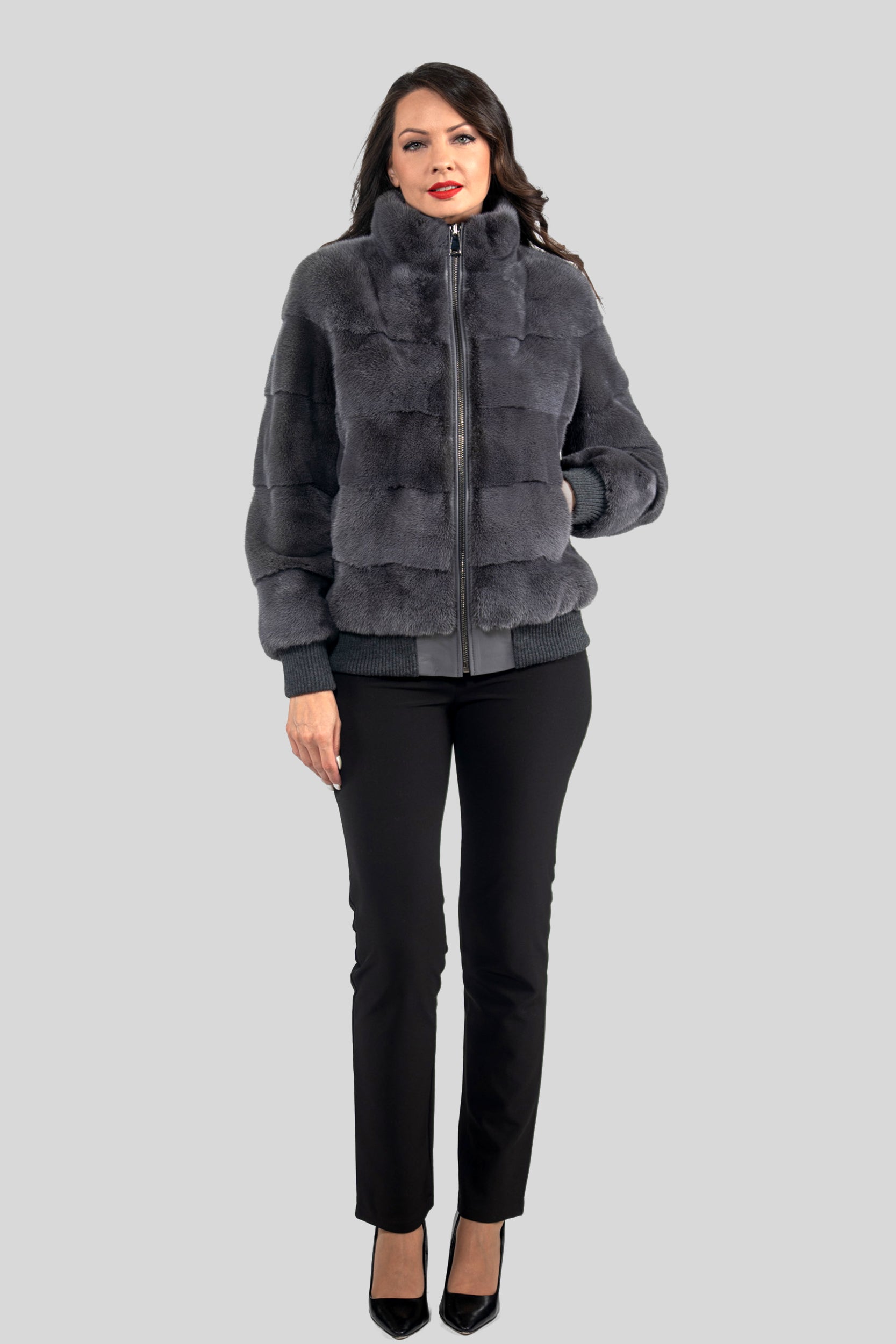 Grey Moon Mink Bomber Jacket with Stand Collar