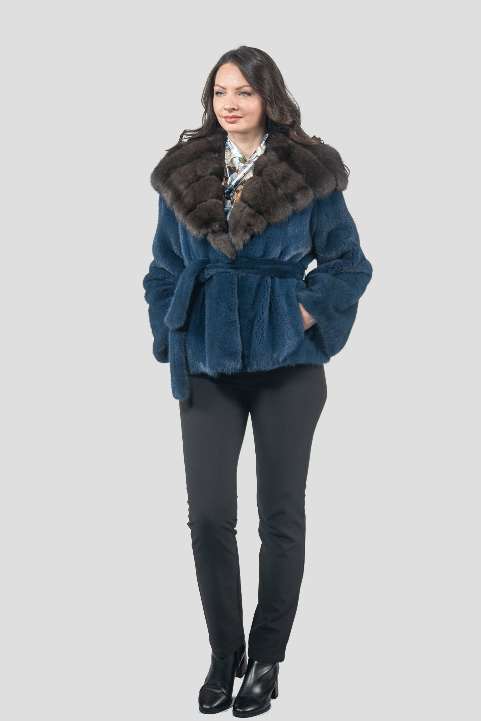 Blue Jean Mink Half Coat with Russian Sable Hood