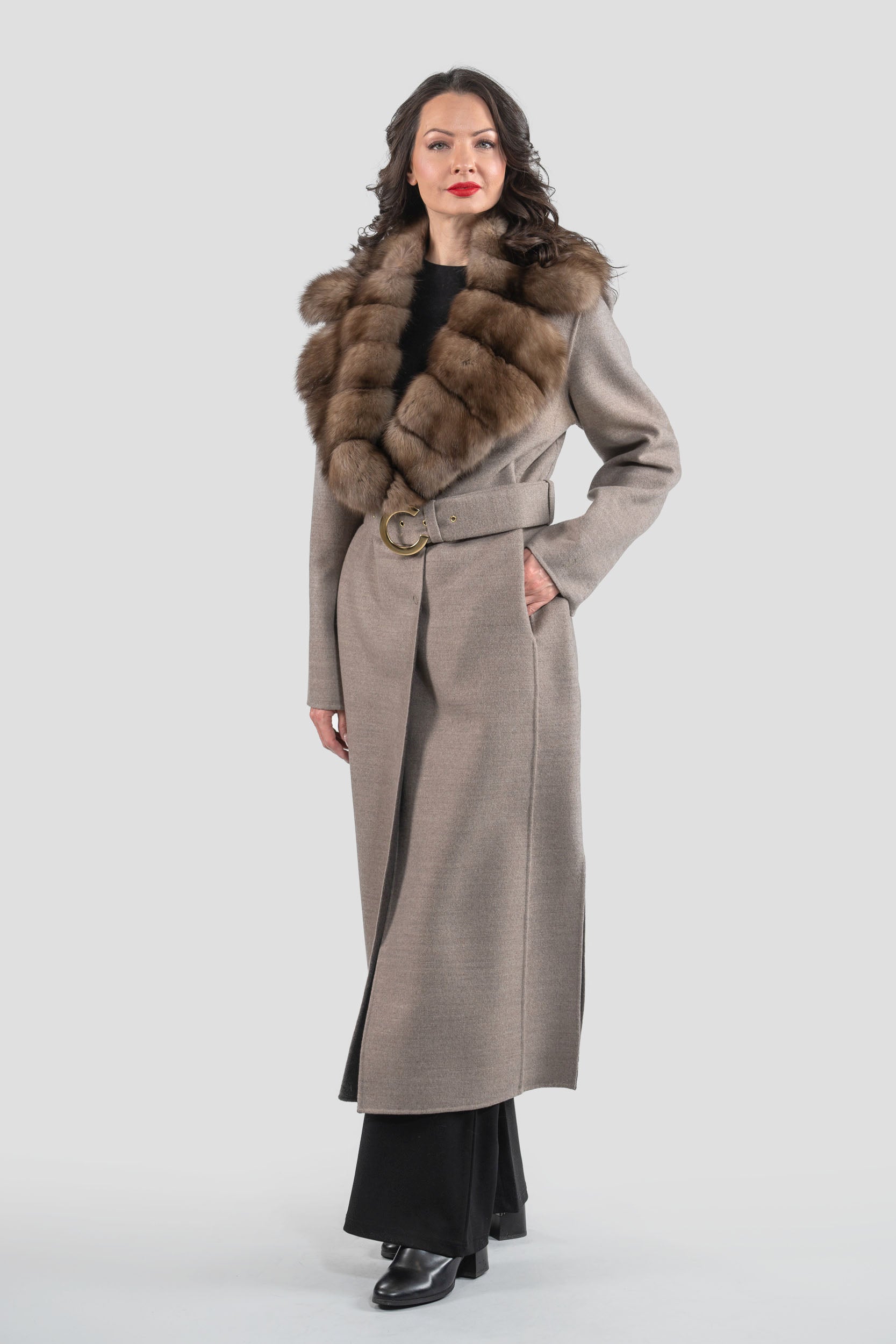 Grey Brown Cashmere Coat with Russian Sable Notch Collar
