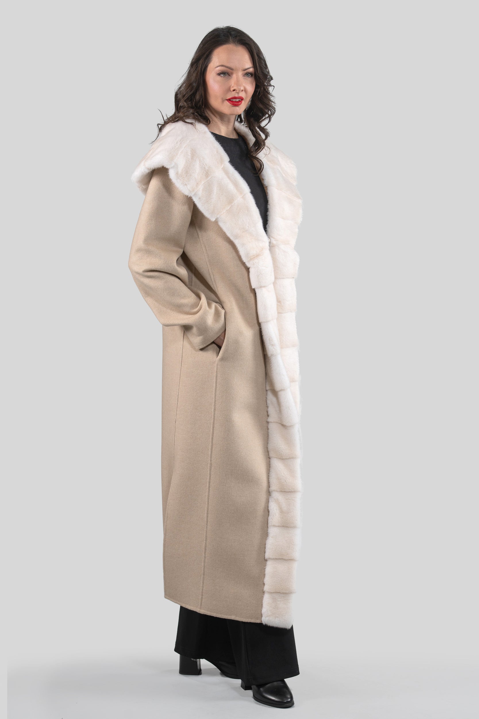 Ecru Beige Cashmere Hooded Coat with Mink Trim