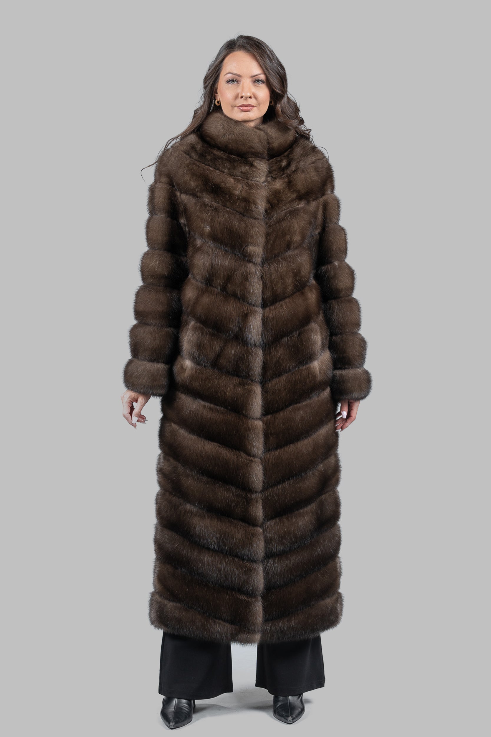 Graphite Sable Long Coat with Stand Collar