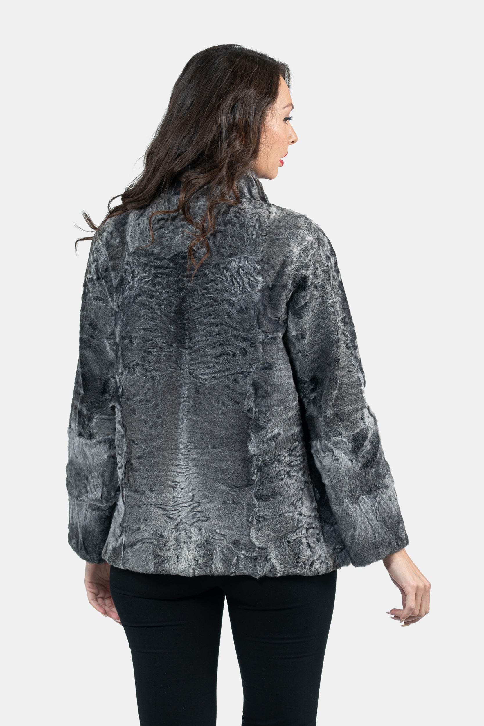 Gray Swakara Jacket with Stand Collar