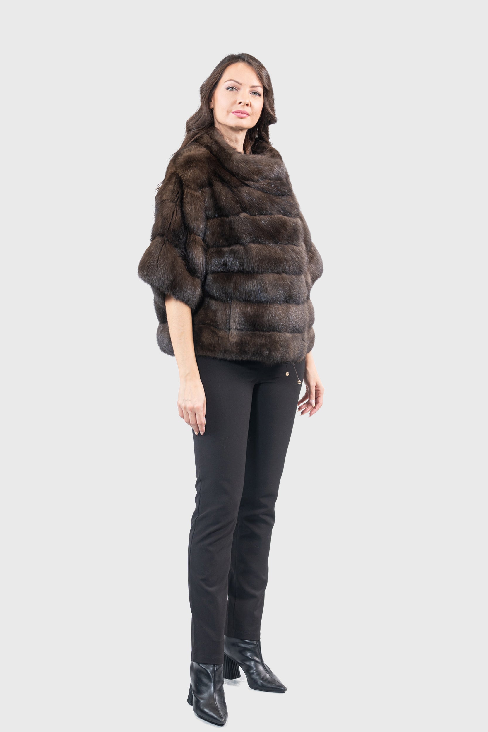 Dark Russian Sable Jacket with Stand Collar and Short Sleeves