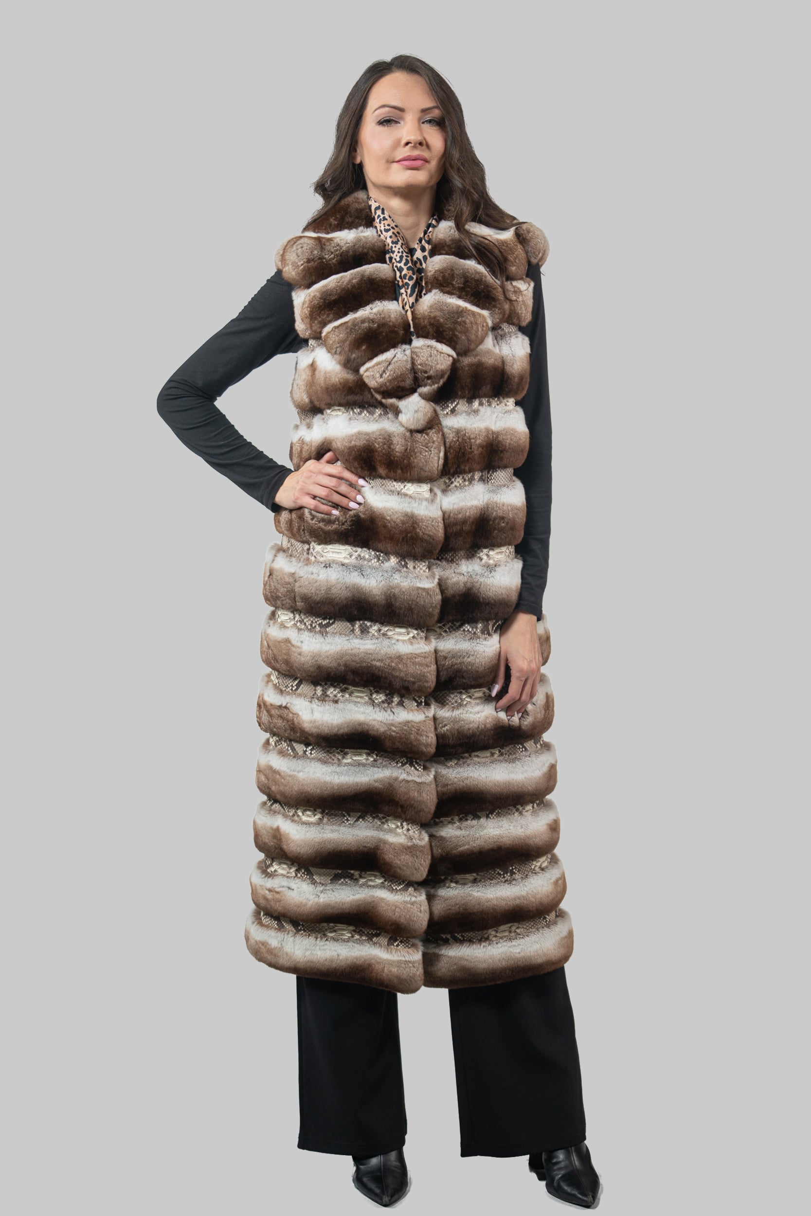 Orange Chinchilla Vest with Notch Collar & Snake Leather