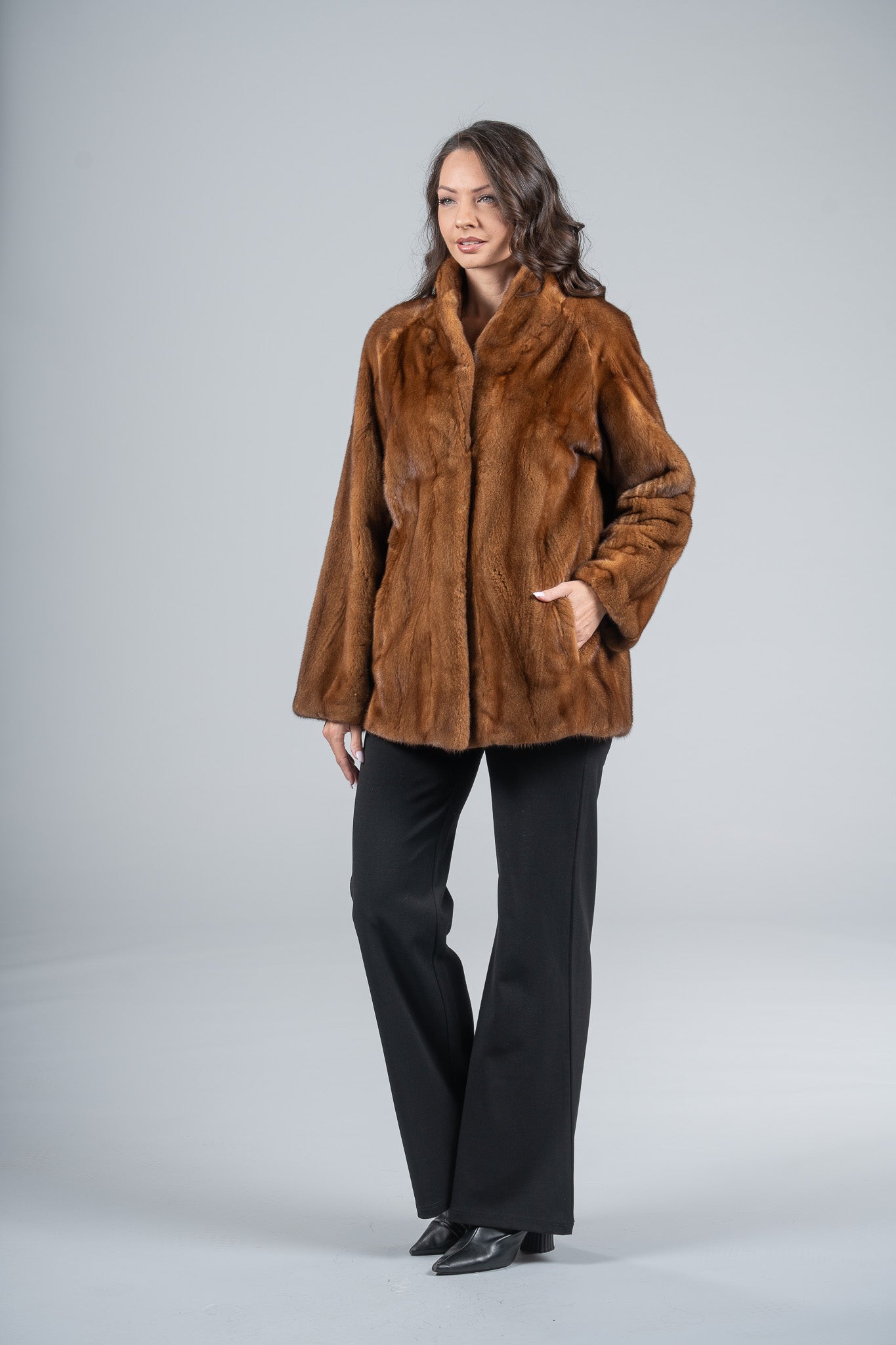Gold Mink Half Coat with Stand Smoking Collar