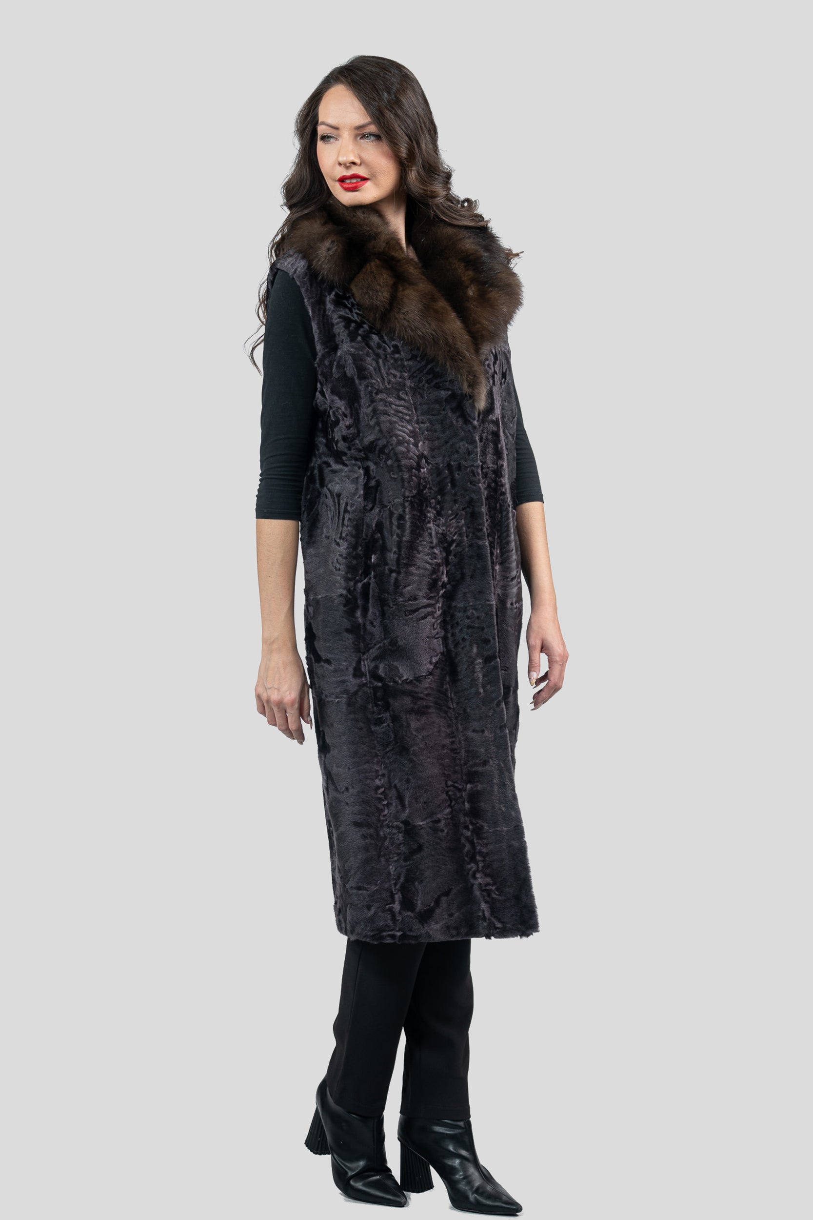 Gray Moon Swakara Vest with Russian Sable Notch Collar