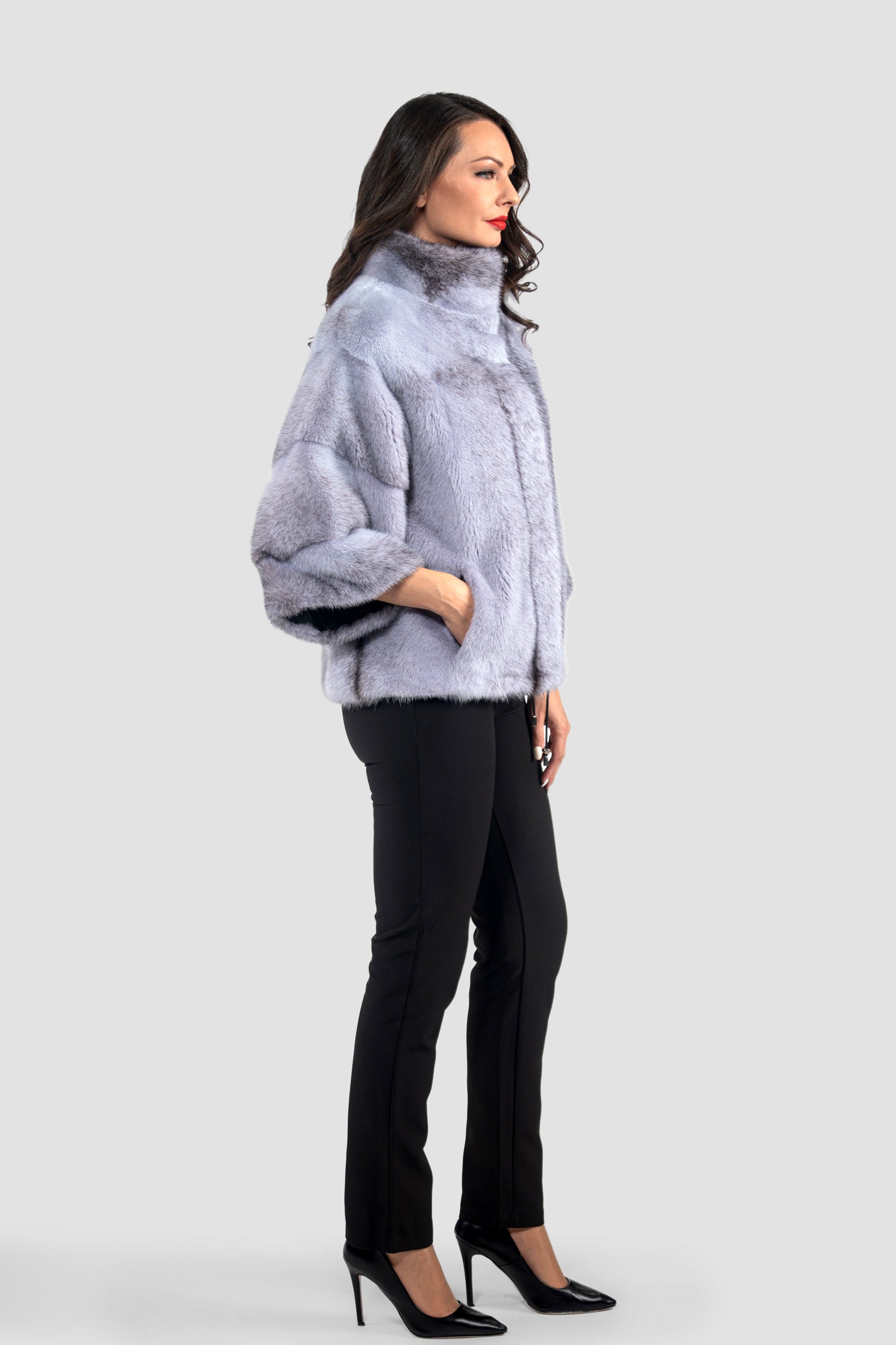 Grey Moon Cross Mink Jacket with Stand Collar and Short Sleeves