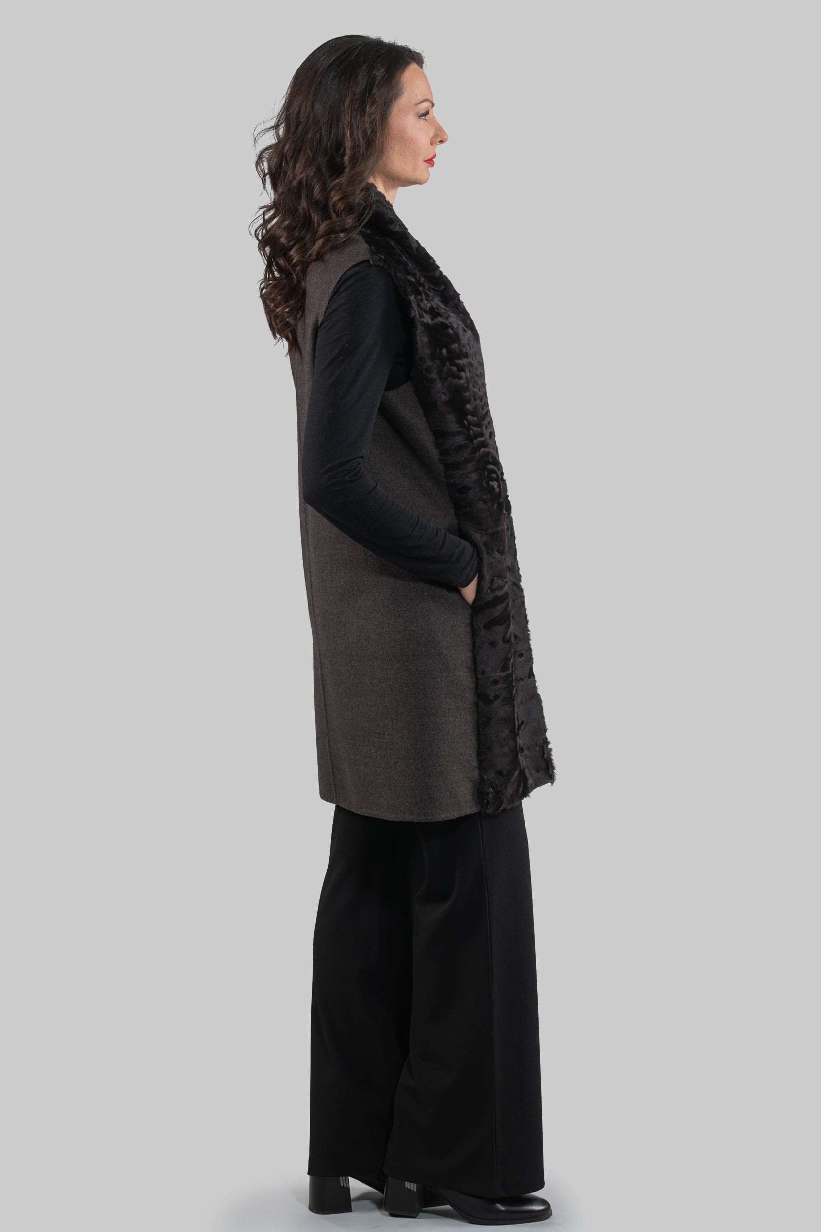 Grey Cashmere Vest with Swakara Fur Trim