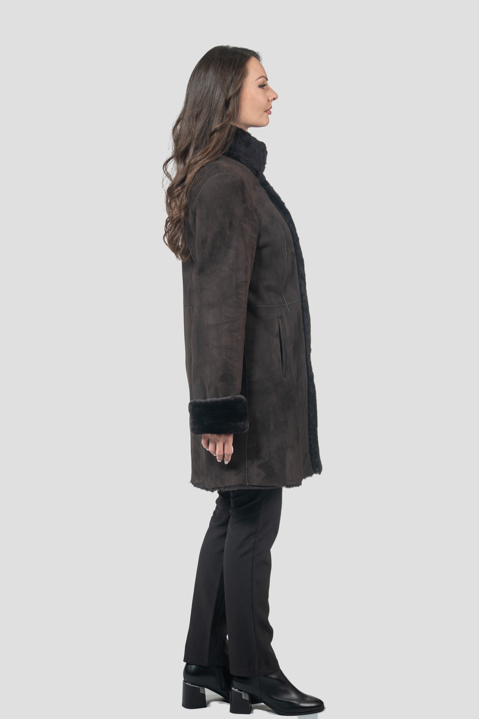 Brown Half Coat In Spanish Merino with Stand Collar