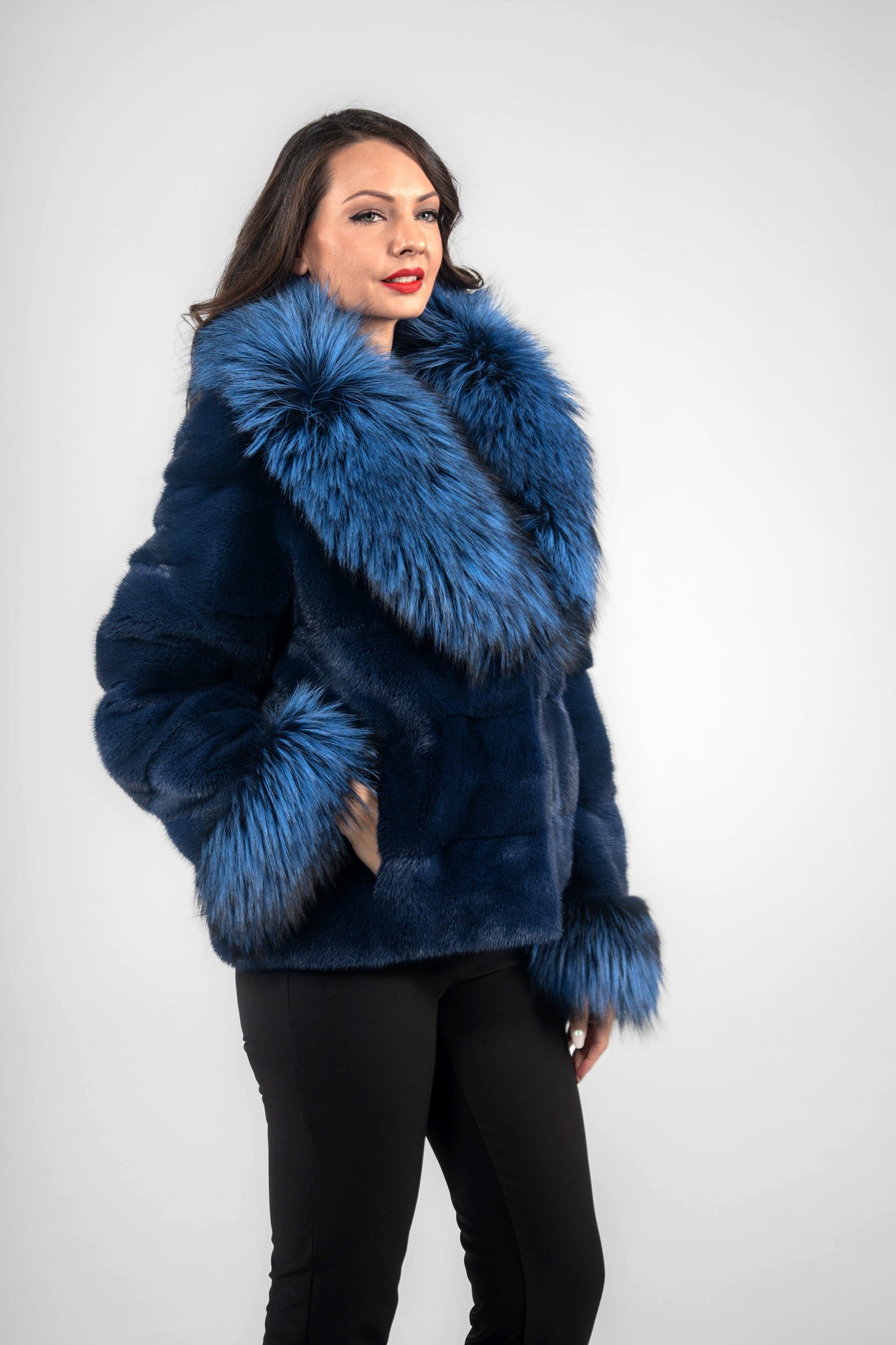 Blue Jean Mink Jacket with Fox Notch Collar
