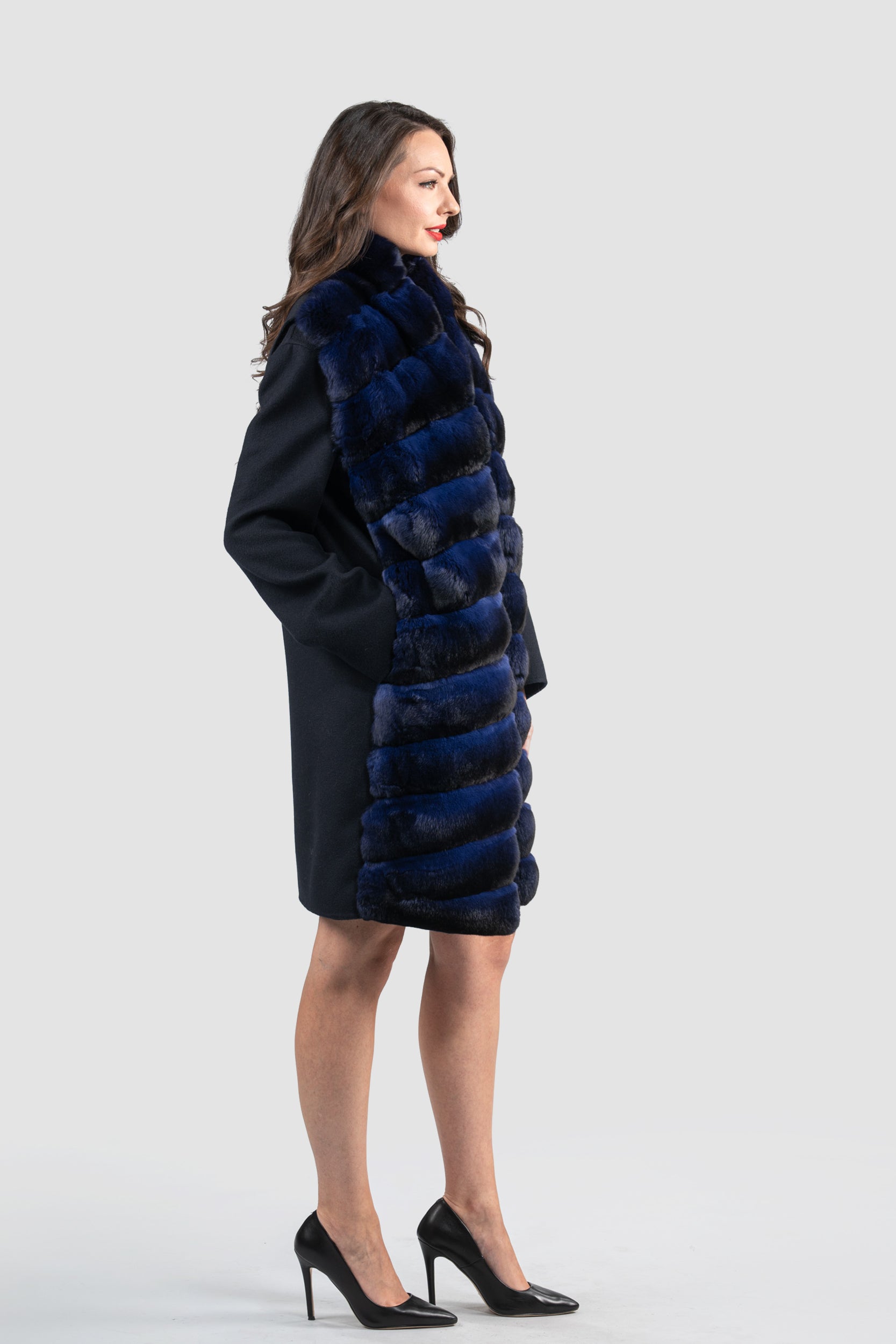 Blue Black Cashmere Half Coat & Vest with Chinchilla Trim