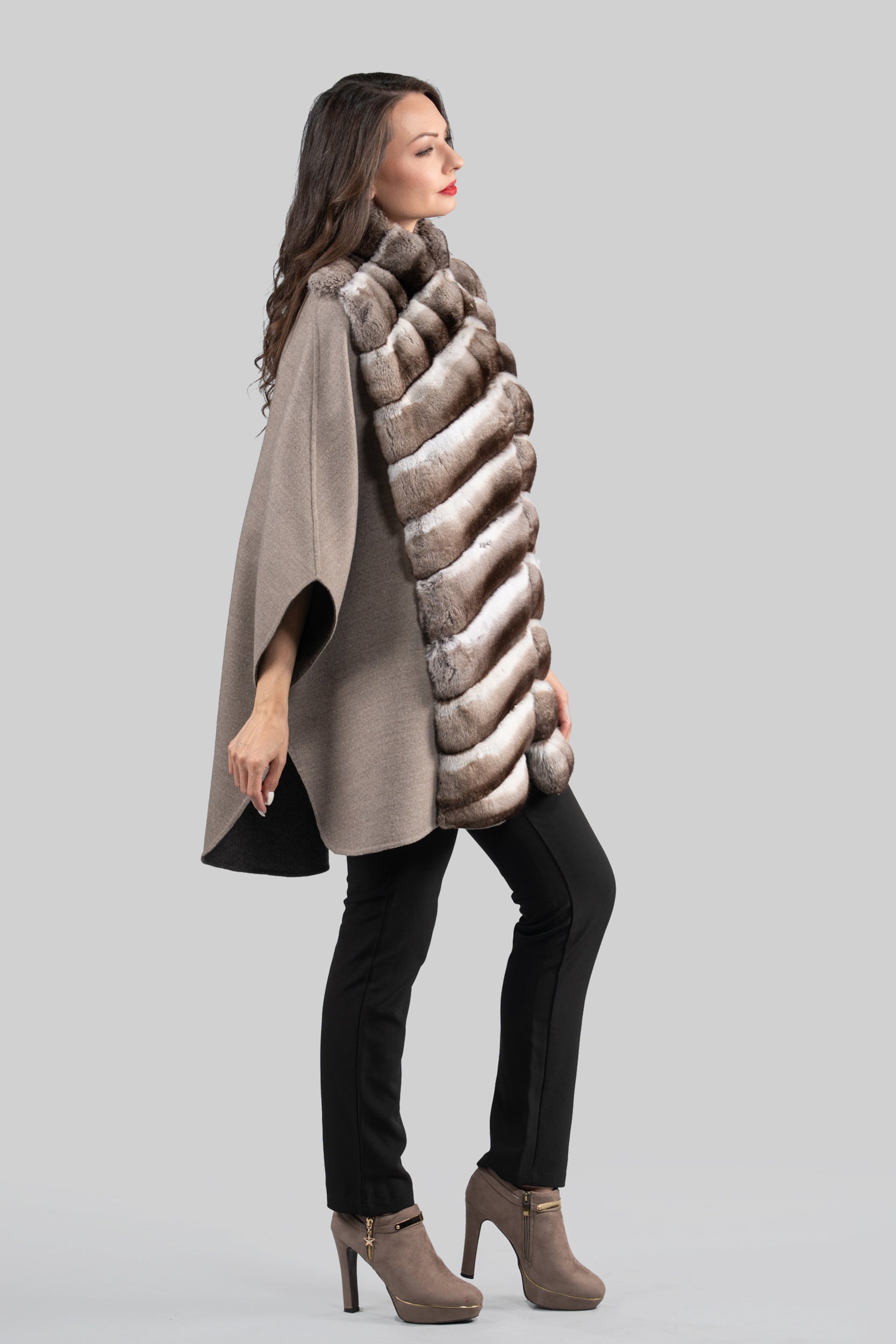 Grey Brown Cashmere Cape with Chinchilla Trim